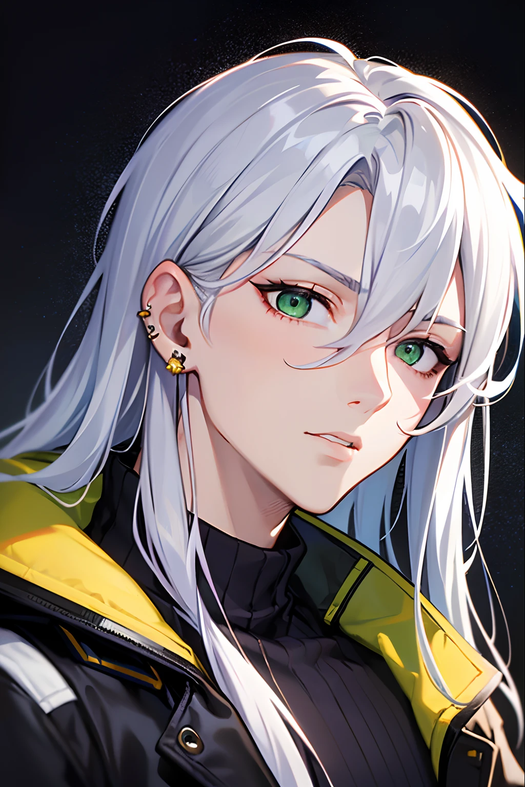 (best-Quality, 8K, 12), 1 male, long hair, 26 years old, young man, silver hair and green eyes, His face above average looking but nothing more or less, he has a single ear piercing on his left ear, black jacket, white shirt underneath, Sfw, top half body only, dark bags under eyes,