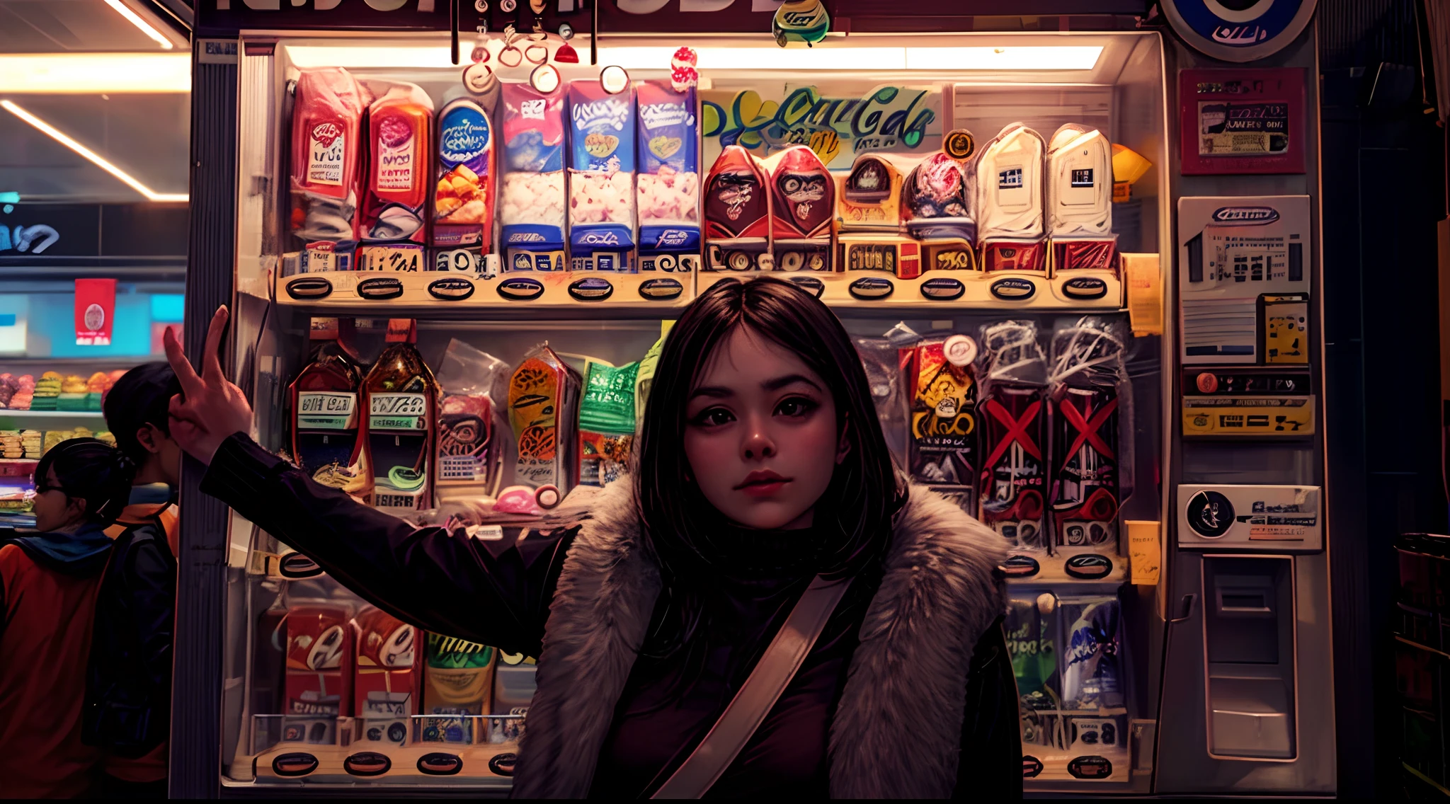 araffe vending machine with a seductive woman standing in front of it, lofi girl, stood in a supermarket, in a mall, super vibrant cyberpunk, lofi girl aesthetic, convenience store, soda themed girl, smooth in _ the background, semi-realism, at a mall, (((low light))), nsfw