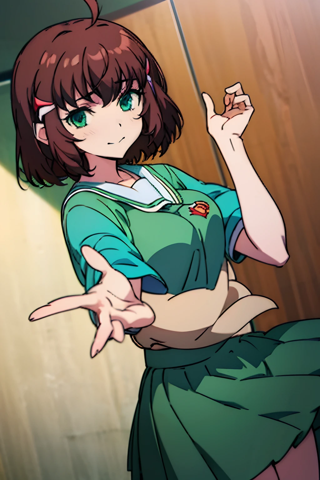 Dress, Shoko Sashinami, Valvrave the Liberator, Hair ornaments, short brown hair, medium hair, green eyes, scool uniform, skirt, ahoge,