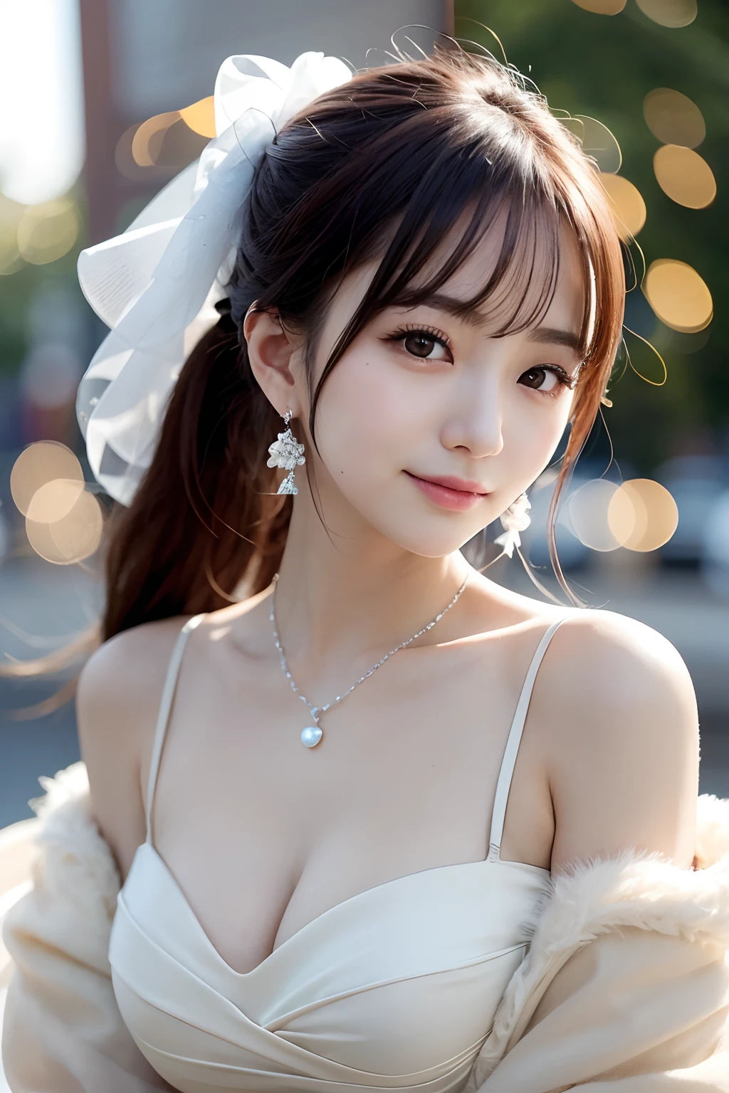 Random posture、(extremely delicate and beautiful work)、(masterpiece)、One girl、Highly detailed and elegant((Wedding Dresses))、tiarra、A highly detailed、Warped ponytail、A smile、Beautiful and clear eyes、Green pupil、delicate necklaces、Delicate earrings、Simple blurry background、Description of extreme details、Beautiful fece、A charming、delicated face、Delicate figure、Beautiful breasts、thin clavicle、Beautiful lips、mix4、(8K、Raw photography、top-quality、masterpiece:1.2),1girl in,Cute,Cityscape, , Wetty, Professional Lighting, physically-based renderingt, full body Esbian、the most beautiful in the world、乃木坂アイドル、韓国アイドル、hposing Gravure Idol、女優、
