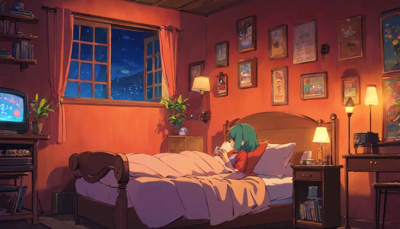 Girl listening to music in a cozy room at night, Usando fones de ouvido, Anime estilo 2D, Lo-fi, disco Rigido, Ambiente escuro
