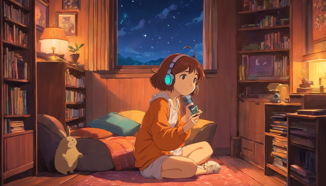 Girl listening to music in a cozy room at night, Usando fones de ouvido, Anime estilo 2D, Lo-fi, disco Rigido, Ambiente escuro