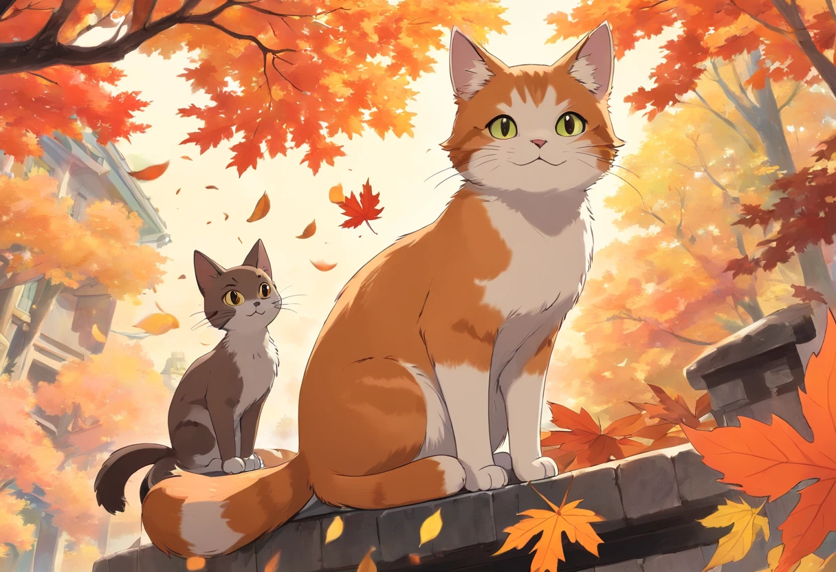 Fall season, maple trees, leafs in air, one cat sitting and one bird sitting on top the cat , they are friends, happy, NO HUMANS,