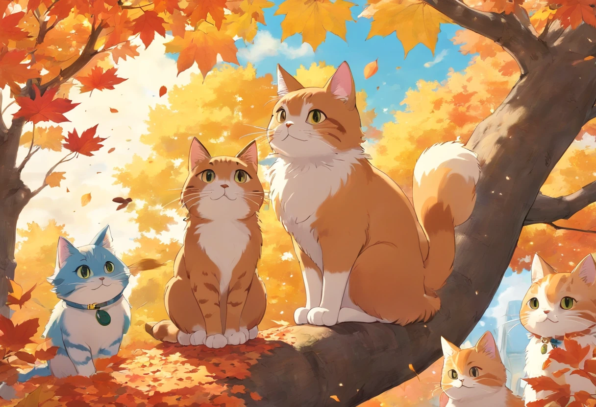 Fall season, maple trees, leafs in air, one cat sitting and one bird sitting on top the cat , they are friends, happy, NO HUMANS,