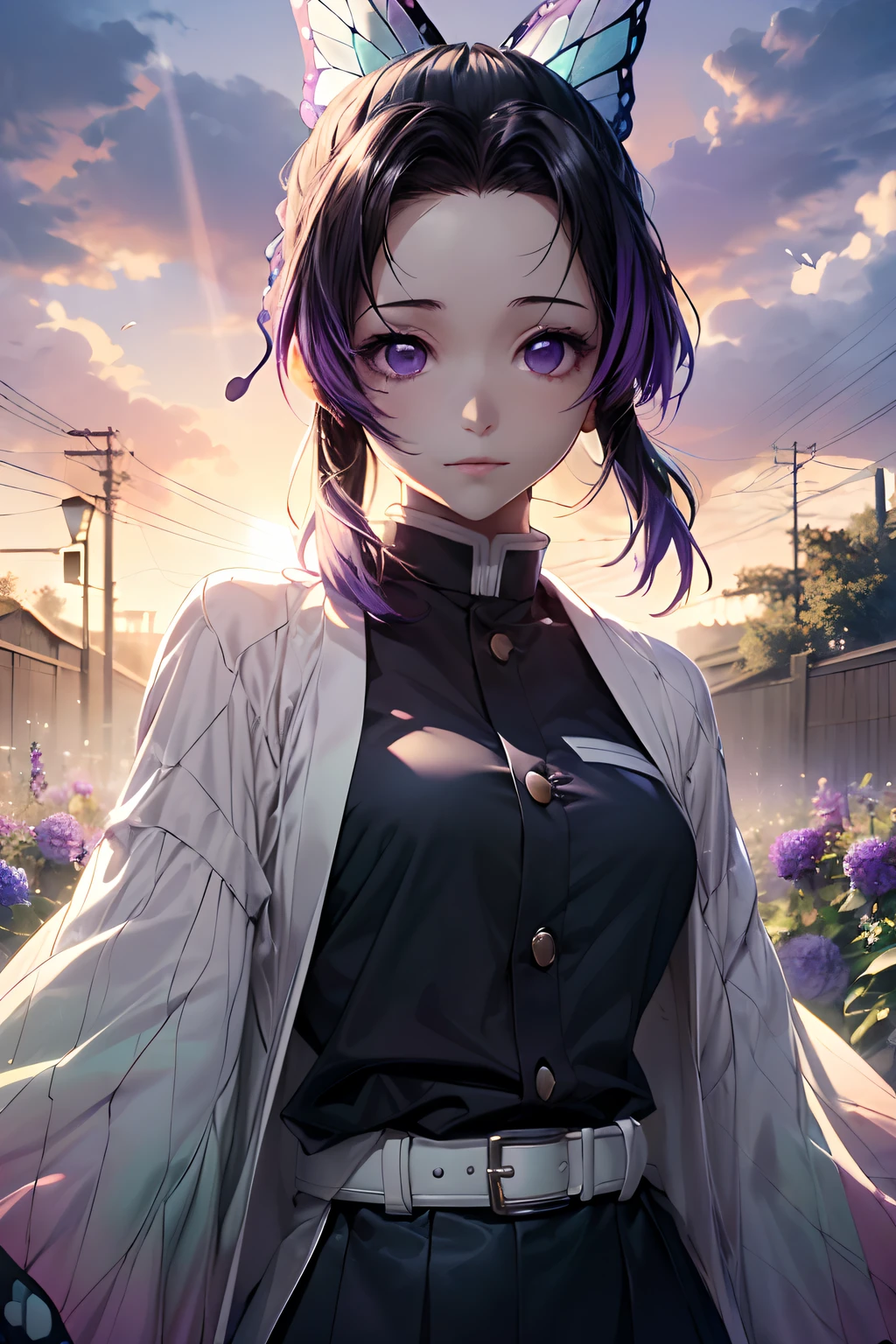 Ultra-realistic 8K CG, tmasterpiece, ( (Ultra detailed backgrounds, delicate patterns, Complicated details)
Best
quality at best, very vey very detailed face, very detailed eyes and faces, Very detailed eyes, Kochou Shinobu, O cabelo multicolorido, No bangs, hair intakes, Purple eye, haori, butterflys, obi strip, (trpical garden: 1.2) , purple flower, mostly cloudy sky, rays of sunshine, Tyndall effect, Gradient_sky, the face, beautiful sky, Saber on the waist, captivating posture,