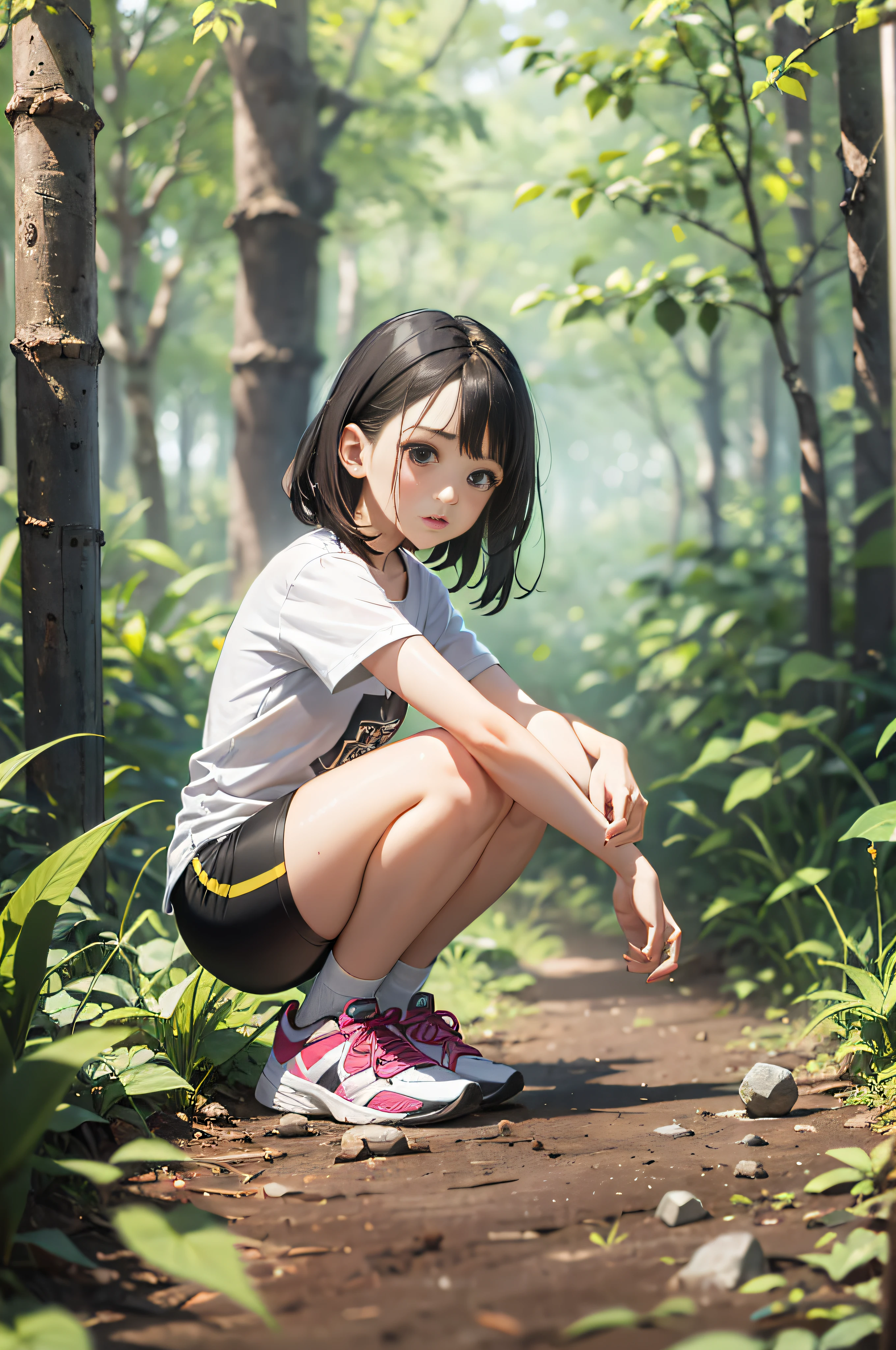 an 8--old l named Anne, full body, bending down to pick up small rocks from the ground in a forest, wearing plain black biker shorts, plain white T-shirt with no image, white sneakers, white skin, black eyes, fleshy lips, straight shoulder-length black hair, small, slim hands. absurdities, better quality, soil, aside