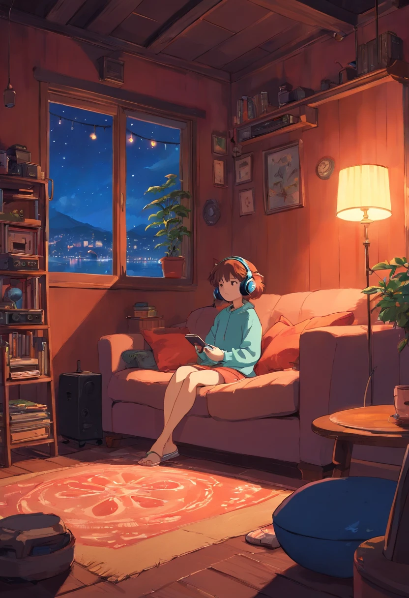 A woman sitting on a couch in a living room with a book case - SeaArt AI
