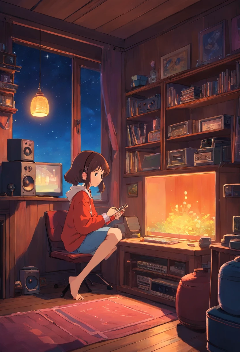 Girl listening to music in a cozy room at night, Usando fones de ouvido, Anime estilo 2D, Lo-fi, disco Rigido, Ambiente escuro
