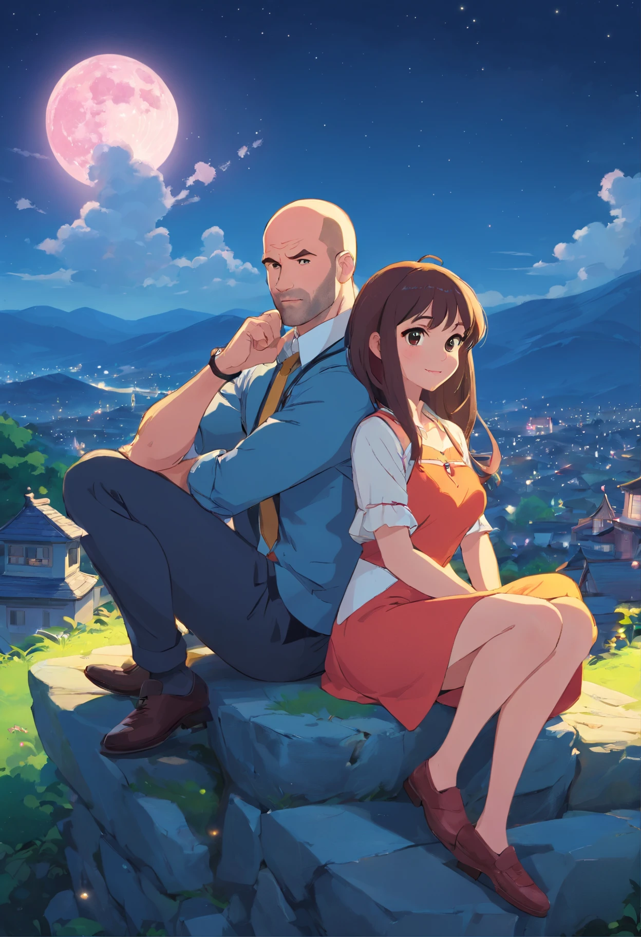 a bald man, 34 years old, looking like Jason Statham and woman, 28 years old, looking like Sofia Vergara, in cartoon tone sitting on top of the hill in front of a full moon, pink heart-shaped craters in the blue moon, painting adorable digital, cute detailed digital art, digital anime illustration, cute digital art, Cyril Rolando and Goro Fujita, Lois van Baarle and Rossdraw, cute art style