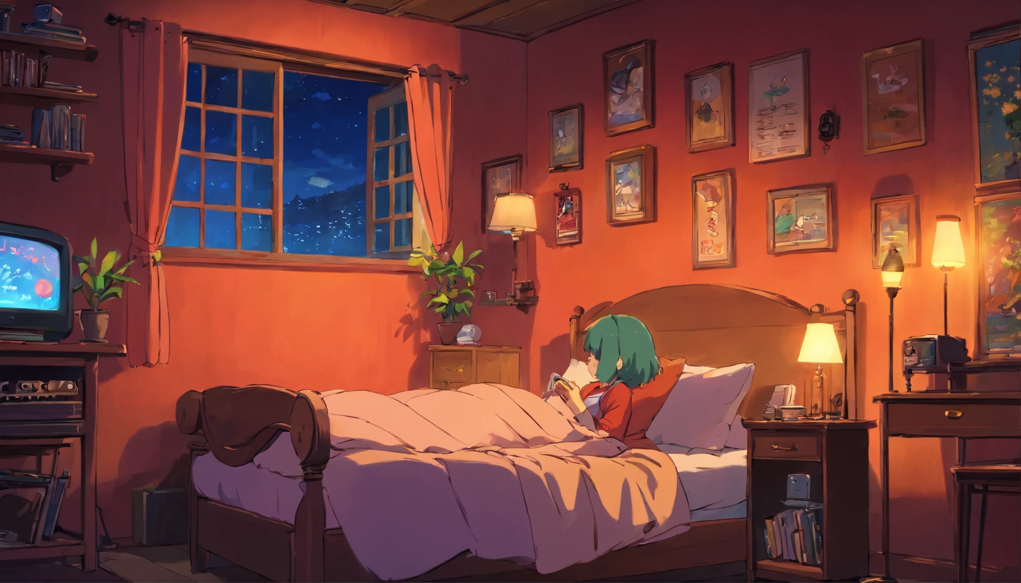 Girl listening to music in a cozy room at night, Usando fones de ouvido, Anime estilo 2D, Lo-fi, disco Rigido, Ambiente escuro