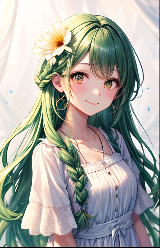girl with、No background、without background、Background through、Green hair、Green hair、Eyes are yellow eyes、Yellow mesh、flower in hair、Flowers bloom in the hair、The long-haired、long、Braiding、Braiding、bow ribbon、frilld、white dres、white dres、shortsleeves、summer clothing、Glitter、kirakira、Flower earrings、Flower piercing、A smile、kawaii、ren