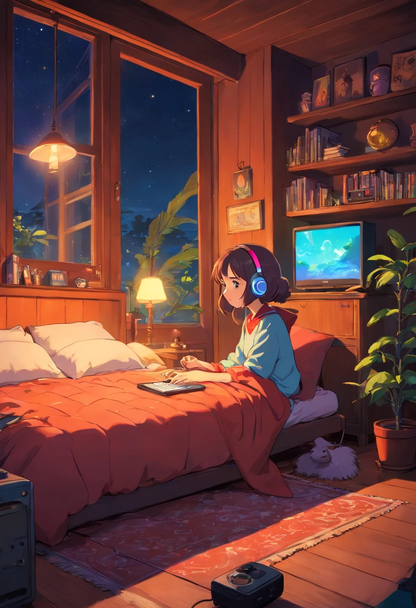 Girl listening to music in a cozy room at night, Usando fones de ouvido, Anime estilo 2D, Lo-fi, disco Rigido, Ambiente escuro