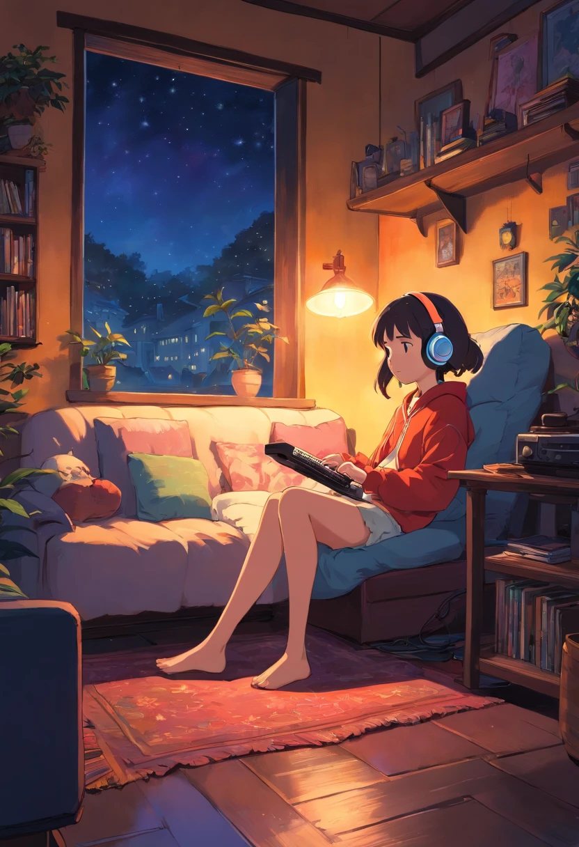 Girl listening to music in a cozy room at night, Usando fones de ouvido, Anime estilo 2D, Lo-fi, disco Rigido, Ambiente escuro