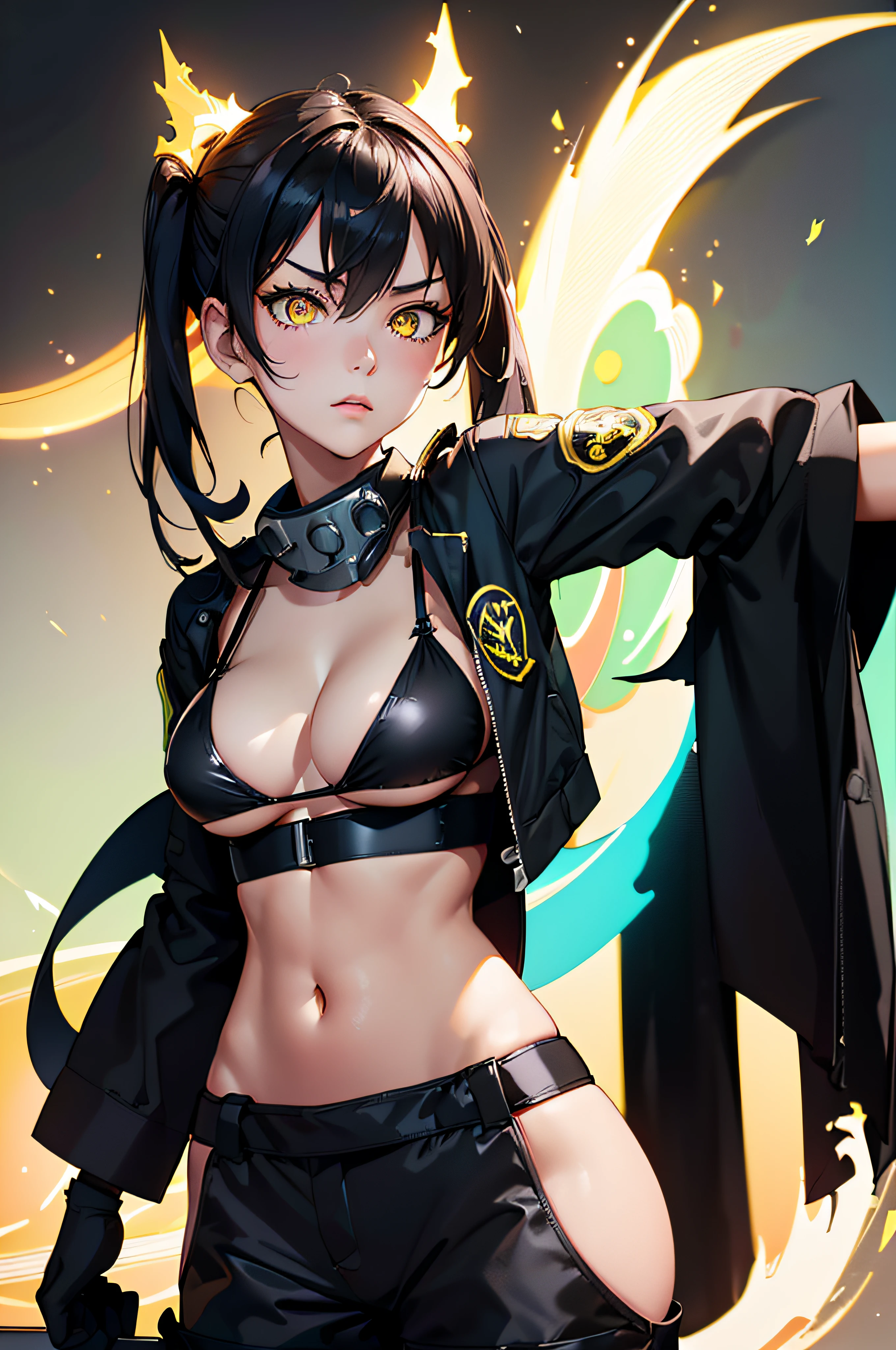 high quality,masterpiece,clean lines,1girl, solo, tamaki kotatsu, looking at viewer, yellow eyes, black bikini, black-blue firefighter suits, open vest, black jacket, portrait,gloves,black pants,black and blue firefighter suit,cocky face,standing,firefighter station background,fluorescent blue