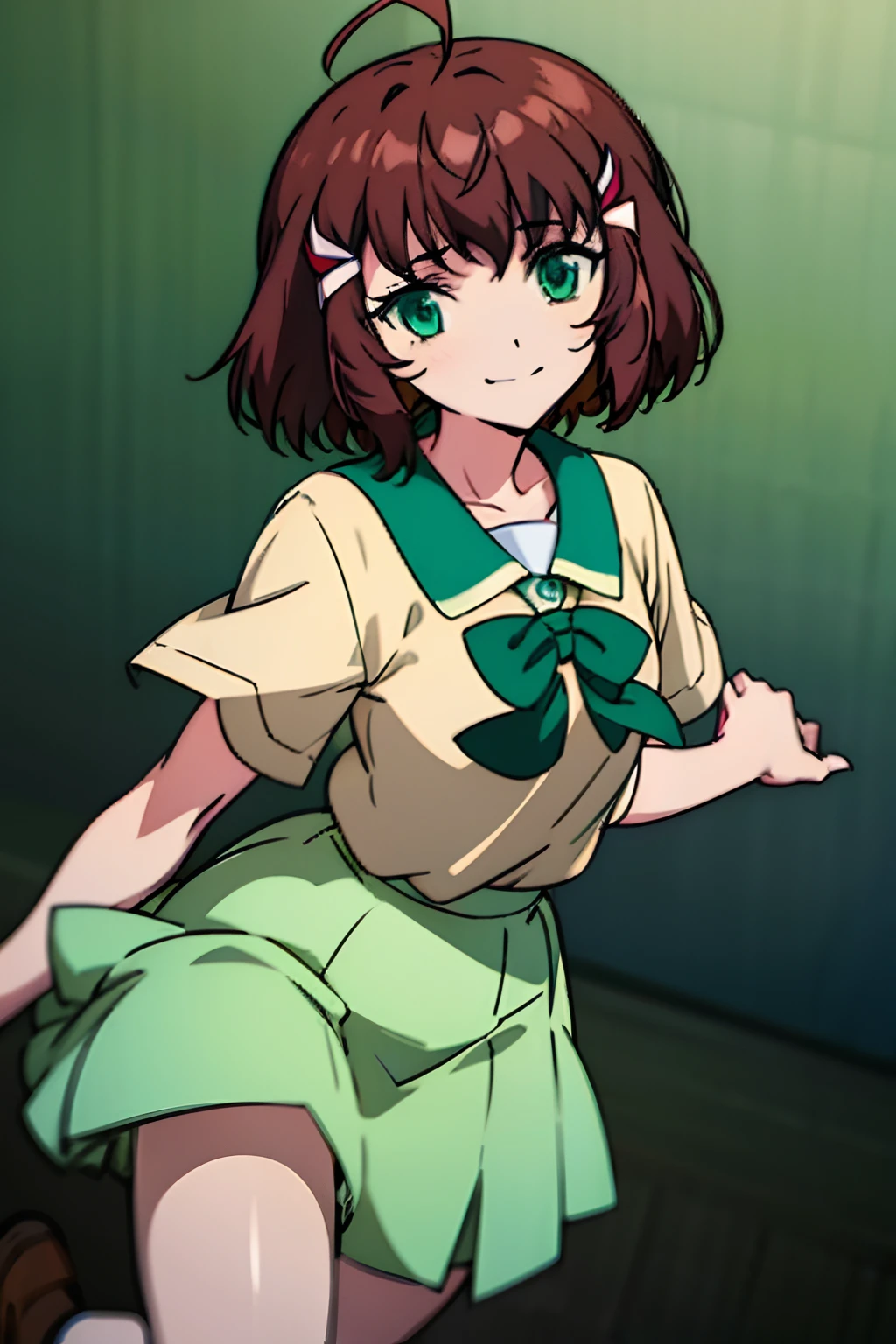 Dress, Shoko Sashinami, Valvrave the Liberator, Hair ornaments, short brown hair, medium hair, green eyes, scool uniform, skirt, ahoge,