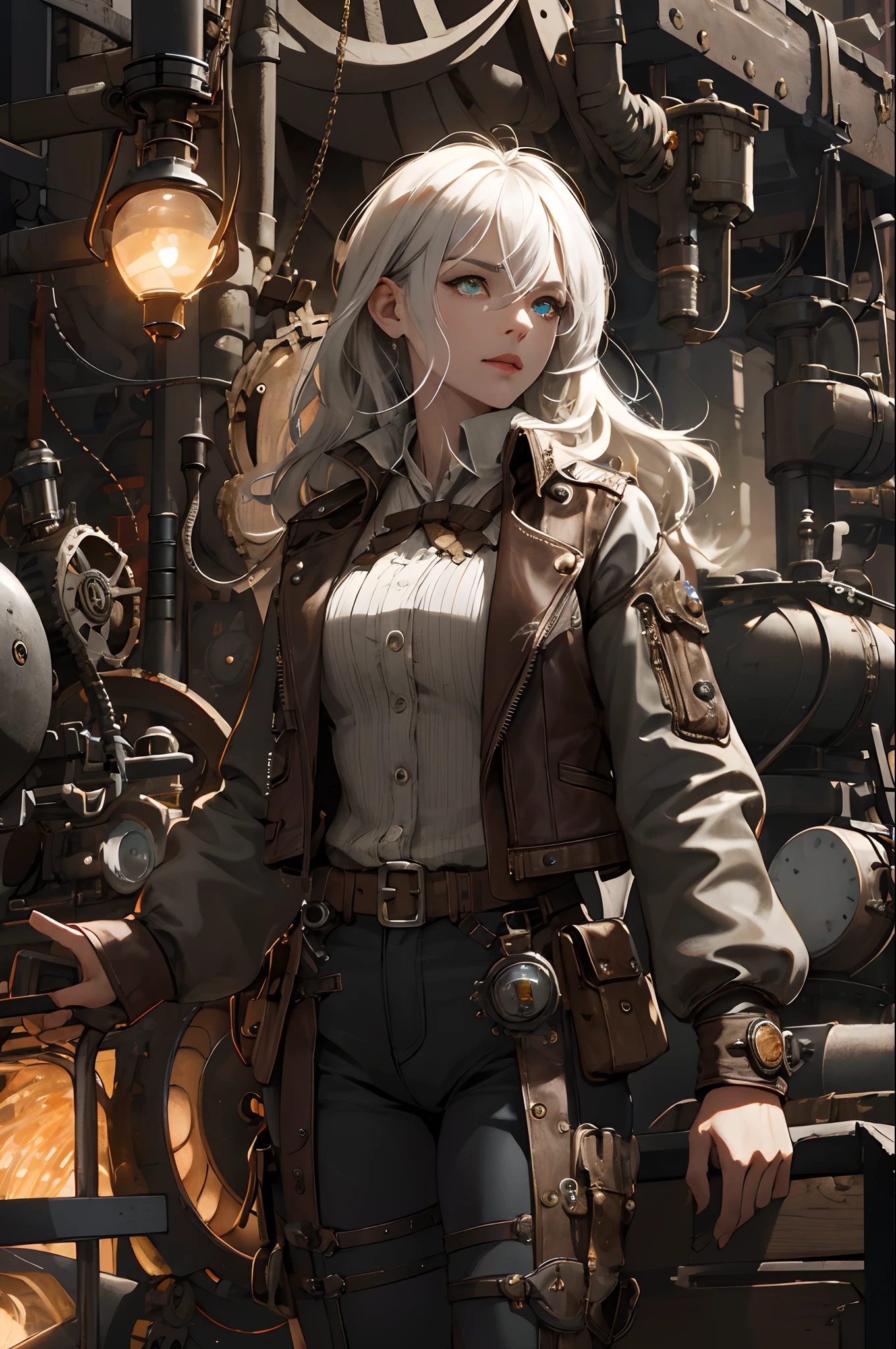 (absurdres, highres, ultra detailed), 1woman, mature female, aged up, wavy long hair, split-color hair, heterochromia, bangs, long sleeves, finely detailed eyes and detailed face, extremely detailed CG unity 8k wallpaper, intricate details, (style-rustmagic:0.8), (medieval cyborg:0.8), portrait, (bloody wounds:0.7), looking at viewer, solo, half shot, detailed background, (steampunk theme:1.1) determined expression, dark couds technomancer, floating lights, color leather vest with gears, techwear, jetpack, workshop in background, machines, gears, steam, industry, technology, furnace, grime, anvil, buttons, levers, automaton, electricity, electric sparks epic atmosphere,, portrait