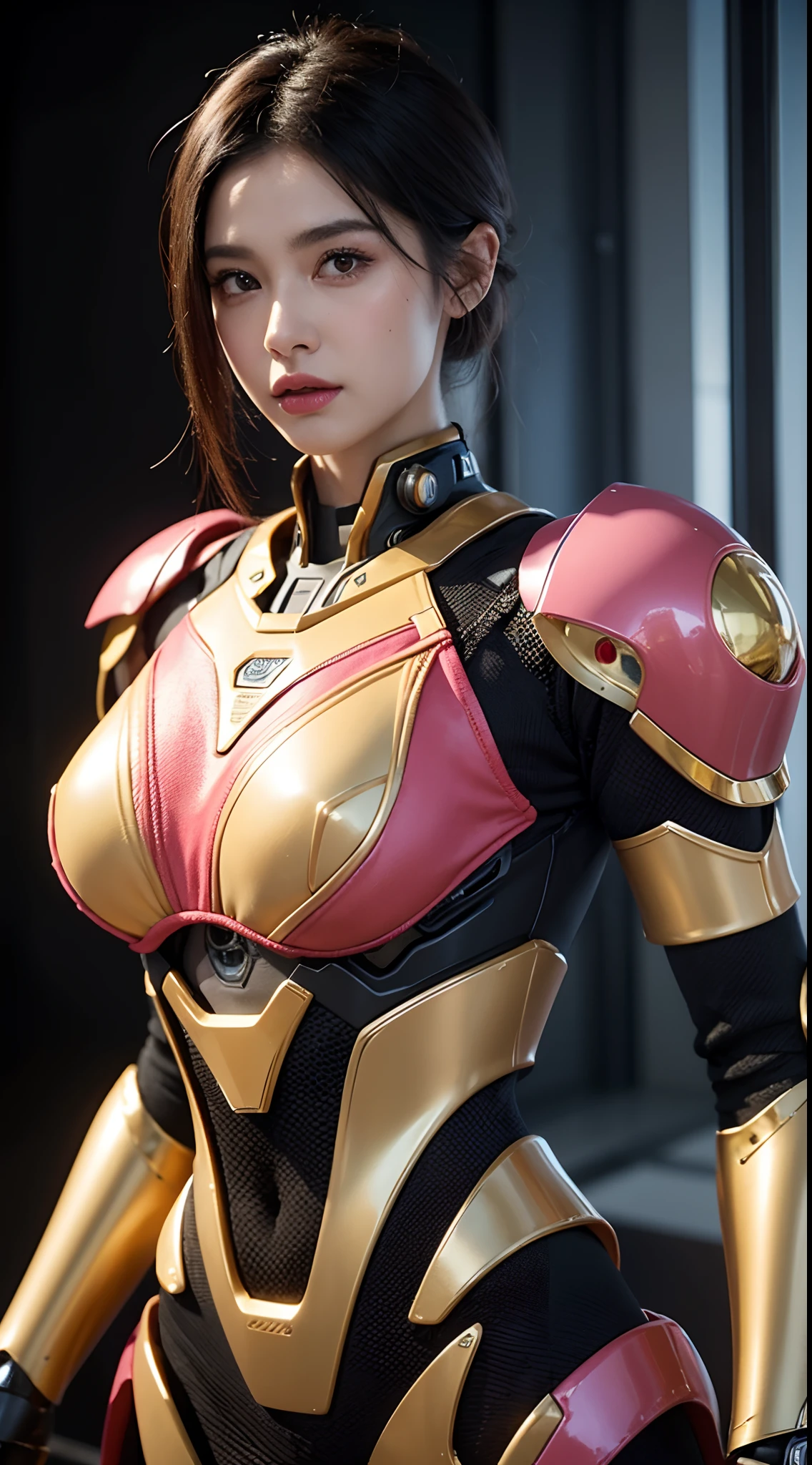 Close-up of robot in pink and gold costume, colorful vivid octane render, cybernetic and highly detailed, loba andrade from apex legends, created in unreal engine 5, made in unreal engine 5, trending on unreal engine 5, anfas portrait of a mech warrior, fantasy style 8 k octane render, rendered in unreal 5, rendered in high octane