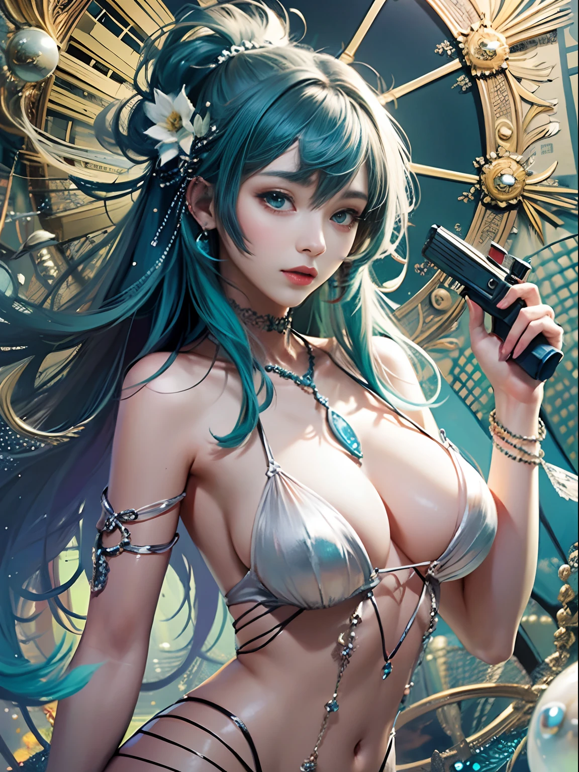 offcial art, Unity 8k壁纸, Ultra-detailed, Beautiful and aesthetically pleasing, tmasterpiece, best qualityer, (zentangle, datura, clew, meshing), (s fractal art: 1.3), 2guys，twincest，Sister flower，Underage girls,  5，(Hairstyles: Long hair) Ocean, Extremely detailed, dynamic angle, Cowboy shot, The most beautiful forms of chaos, elegant, Fauvistdesign, vivd colour, romanticism lain, Seafoam, Buble, shells, Fish, pearls，hand gun，Muskets，missile，cute big breasts，