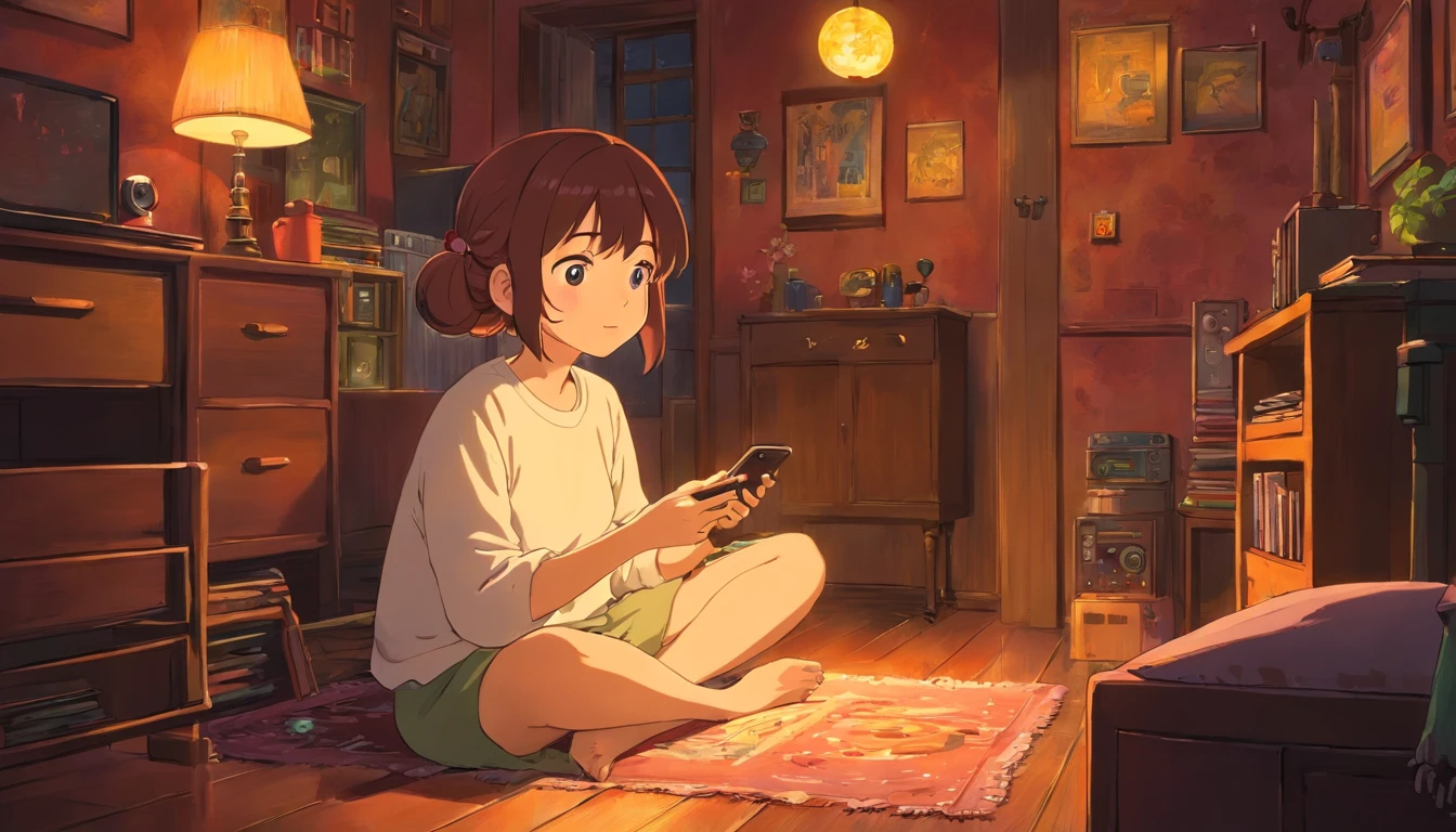 Girl listening to music in a cozy room at night, Usando fones de ouvido, Anime estilo 2D, Lo-fi, disco Rigido, Ambiente escuro