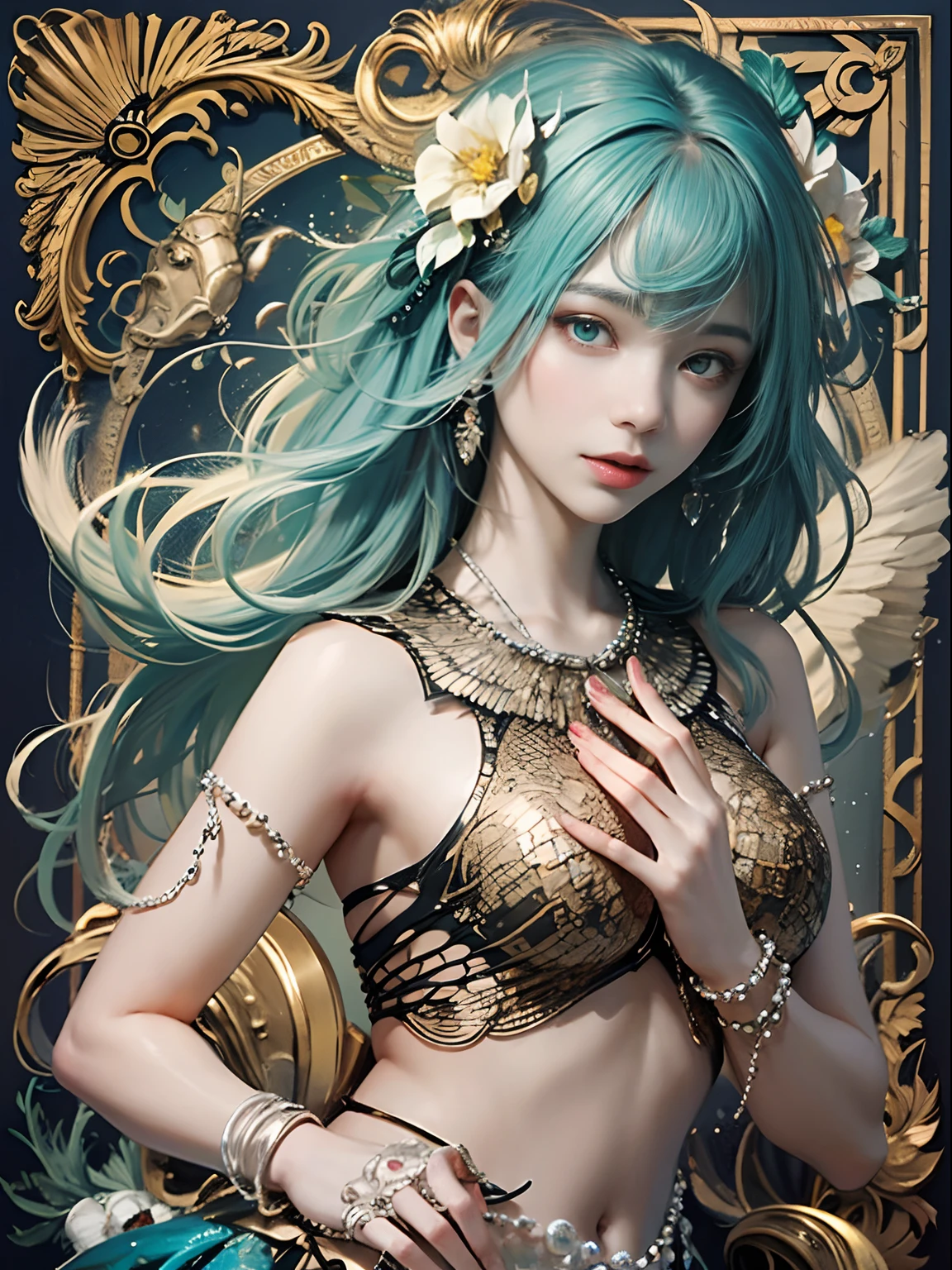 offcial art, Unity 8k壁纸, Ultra-detailed, Beautiful and aesthetically pleasing, tmasterpiece, best qualityer, (zentangle, datura, clew, meshing), (s fractal art: 1.3), Alchemist, (Hairstyles: Long hair) Ocean, Extremely detailed, dynamic angle, Cowboy shot, The most beautiful forms of chaos, elegant, Fauvistdesign, vivd colour, romanticism lain, Seafoam, Buble, shells, Fish, pearls，French formation，plumw，Vintage style，火焰