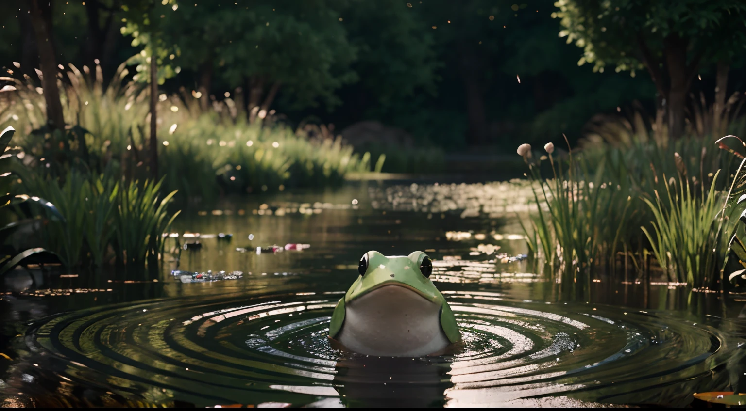 There is a poster of a Raindrops in the forest pond, Raindrops dancing upon the pond's surface, creating ripples that reflect the joy in Fish and Frog's hearts. animation style rendering, cute 3 D rendering, small characters. Unreal Engine 5, stylized anime, cute detailed digital art, stylized 3D rendering, Hyper realistic, 8k ultra HD, Disney style,
