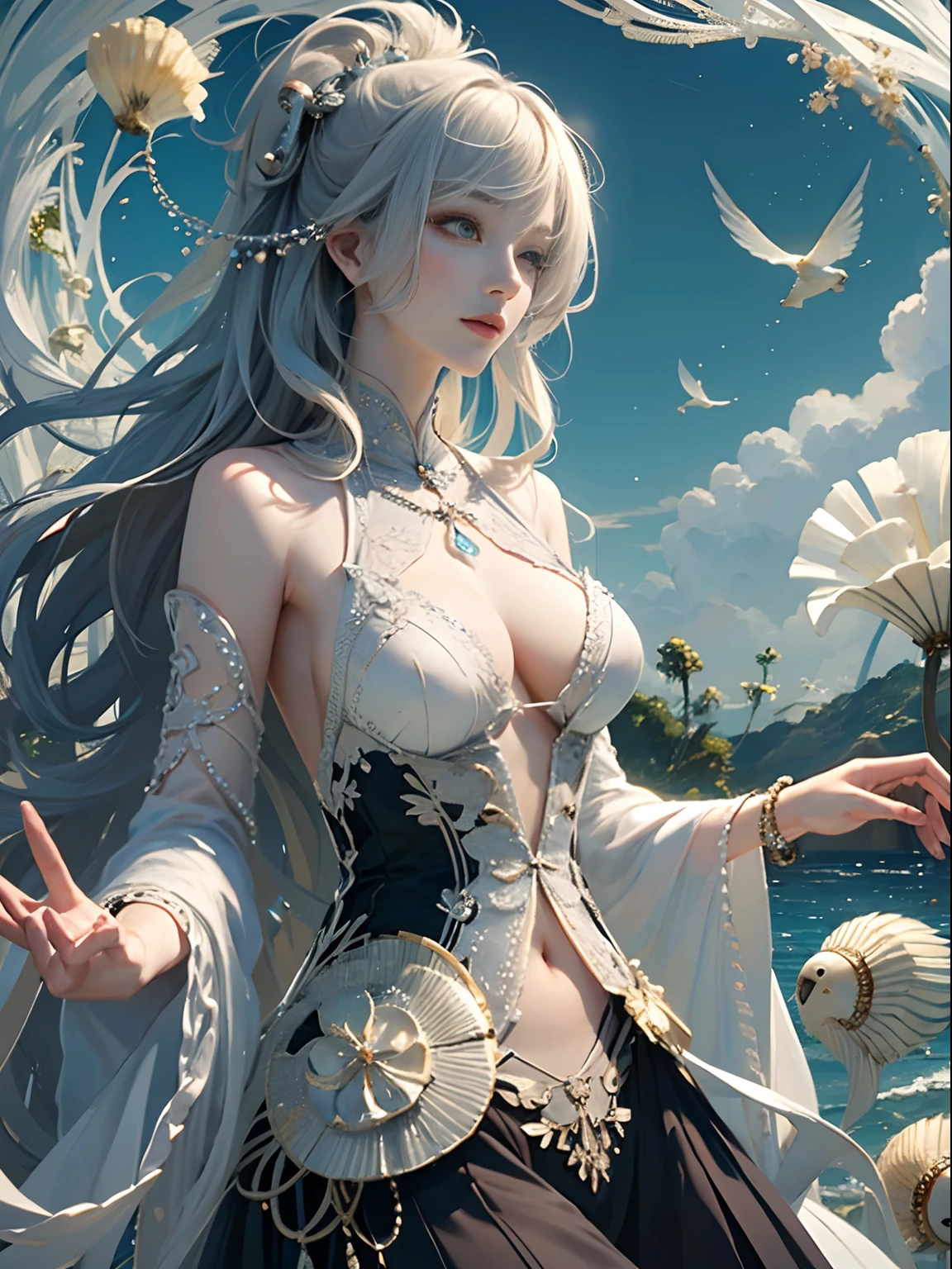 offcial art, Unity 8k壁纸, Ultra-detailed, Beautiful and aesthetically pleasing, tmasterpiece, best qualityer, (zentangle, datura, clew, meshing), (s fractal art: 1.3), Alchemist, (Hairstyles: Long hair) Ocean, Extremely detailed, dynamic angle, Cowboy shot, The most beautiful forms of chaos, elegant, Fauvistdesign, vivd colour, romanticism lain, Seafoam, Buble, shells, Fish, pearls，French formation，plumw，Vintage style，火焰