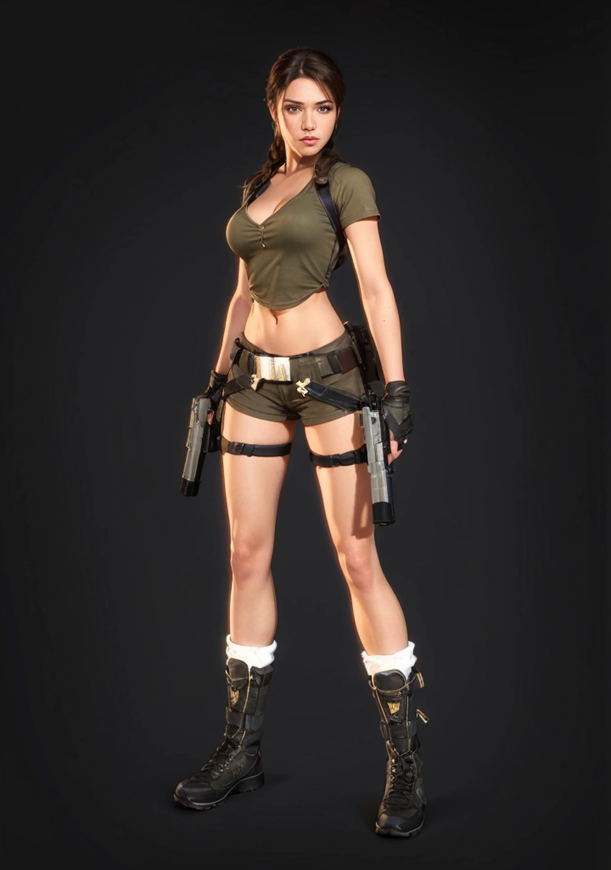 Lara Croft, eyes browns, (best quality, ultra details), (realisitic:1.37), beautiful and detailed face, ultra-realisitic texture, exquisite face, Delicate body, red lipgloss stick, shiny colors. High definition, 8k