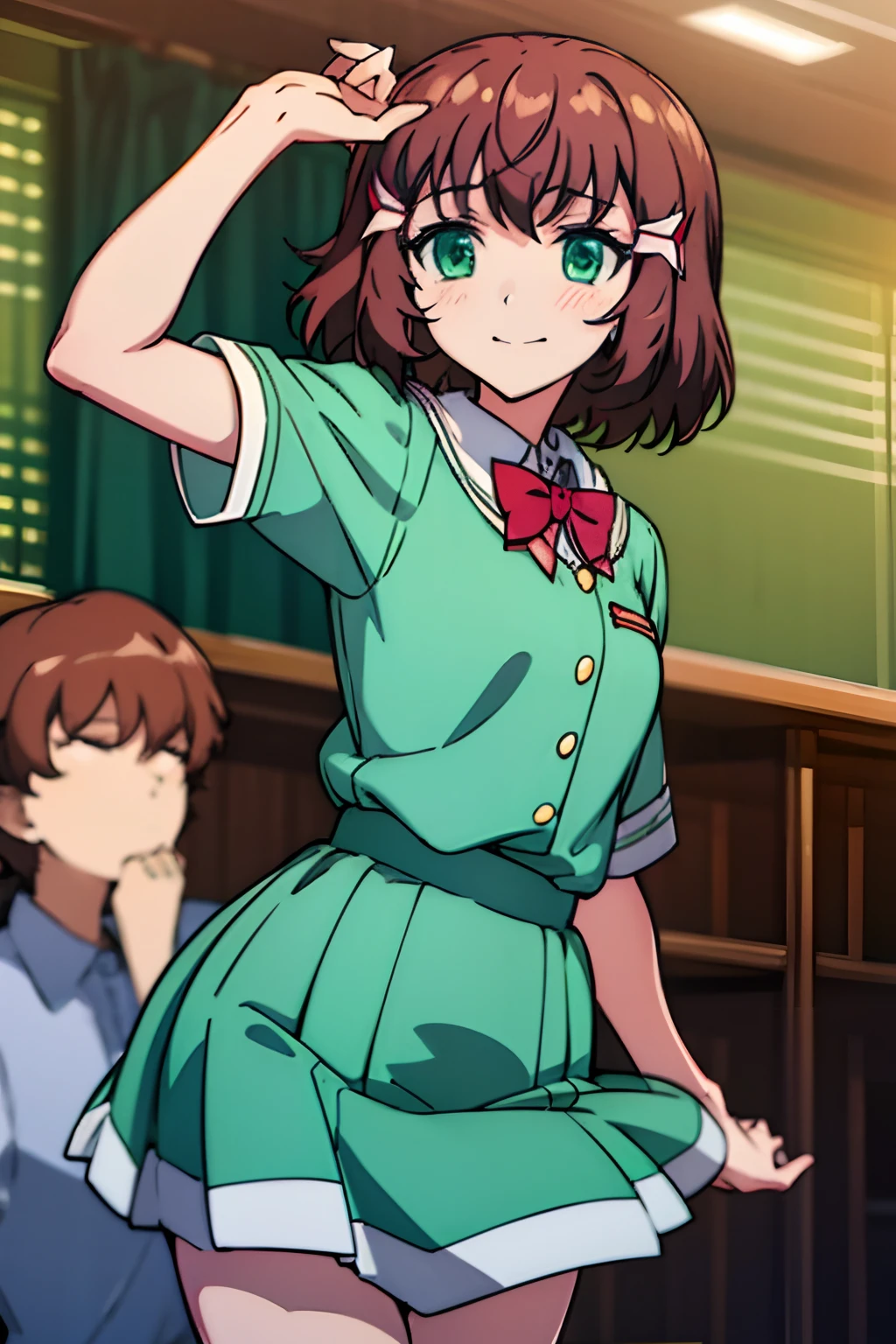 Dress, Sasanami Shoko, Valvrave the Liberator, Hair ornaments, short brown hair, Medium Hair, Green eyes, shool uniform, Skirt