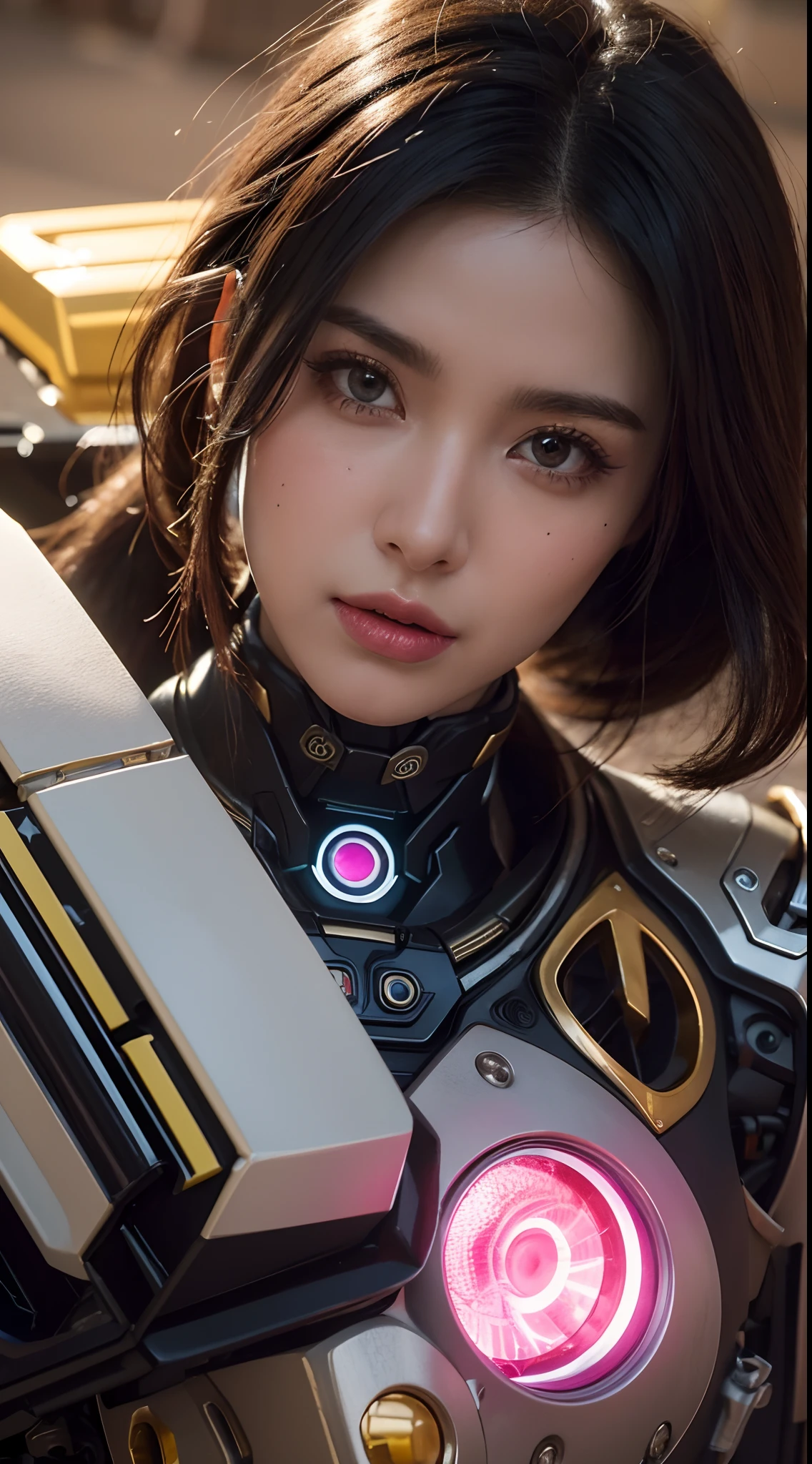 Close-up of robot in pink and gold costume, colorful vivid octane render, cybernetic and highly detailed, loba andrade from apex legends, created in unreal engine 5, made in unreal engine 5, trending on unreal engine 5, anfas portrait of a mech warrior, fantasy style 8 k octane render, rendered in unreal 5, rendered in high octane