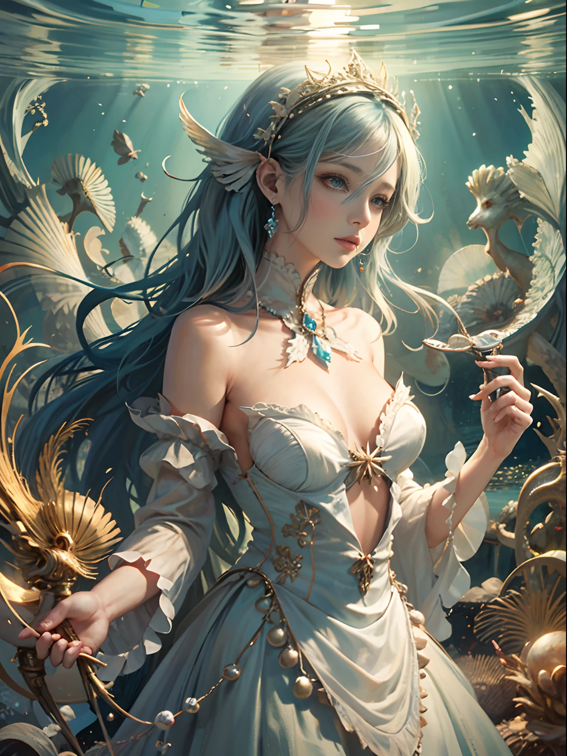 offcial art, Unity 8k壁纸, Ultra-detailed, Beautiful and aesthetically pleasing, tmasterpiece, best qualityer, (zentangle, datura, clew, meshing), (s fractal art: 1.3), Alchemist, (Hairstyles: Long hair) Ocean, Extremely detailed, dynamic angle, Cowboy shot, The most beautiful forms of chaos, elegant, Fauvistdesign, vivd colour, romanticism lain, Seafoam, Buble, shells, Fish, pearls,French formation,plumw,Vintage style,火焰