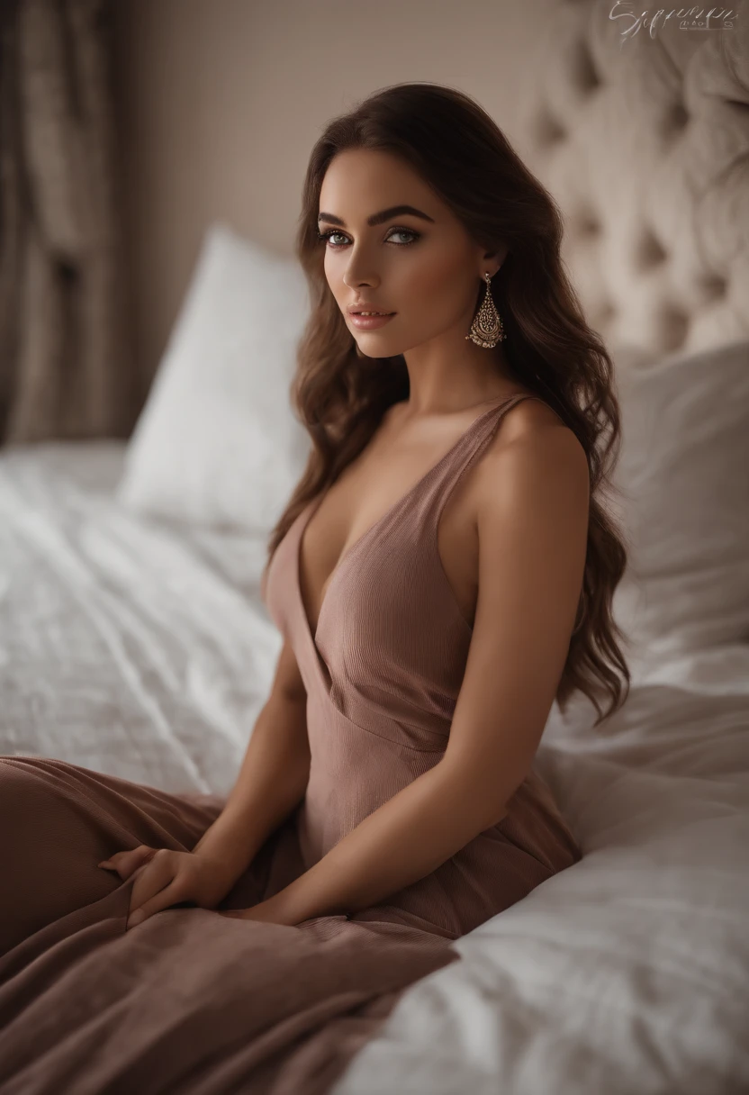 arafed woman fully , sexy girl with brown eyes, ultra realistic, meticulously detailed, portrait sophie mudd, brown hair and large eyes, selfie of a young woman, dubai eyes, violet myers, without makeup, natural makeup, looking directly at the camera, face with artgram, subtle makeup, stunning full body shot kneeling on bed, in bedroom, medium to large size bust
