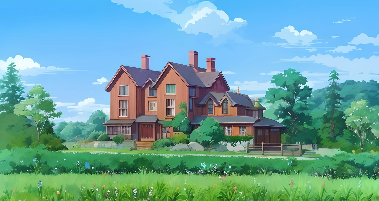 casa estilo anime com um grande gramado e uma cerca, arte de fundo do anime, fundo da casa, paisagem campestre anime, peaceful wooden mansion, anime scenery concept art, random background scene, Ghibli Studio Style, style of madhouse studio anime, arte conceitual suave do studio ghibli, estilo anime ghibli studio, Fundo da cidade, Ambiente Studio Ghibli, Estilo de Hayao Miyazaki, Arte de fundo