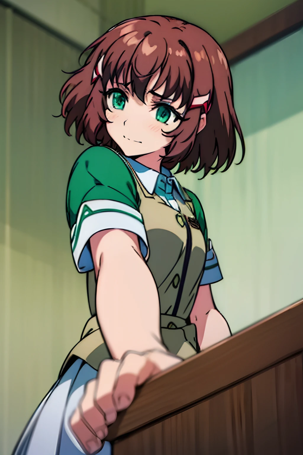 Dress, Sasanami Shoko, Valvrave the Liberator, Hair ornaments, short brown hair, Medium Hair, Green eyes, shool uniform, Skirt