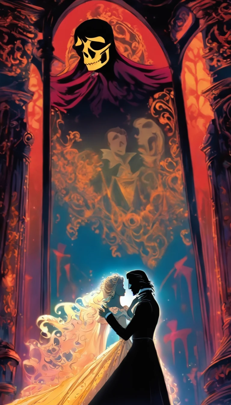 Musical illustration、Phantom of the Opera in the style of Tim Burton、The scene where the Phantom and Christine look at each other on the opera stage
