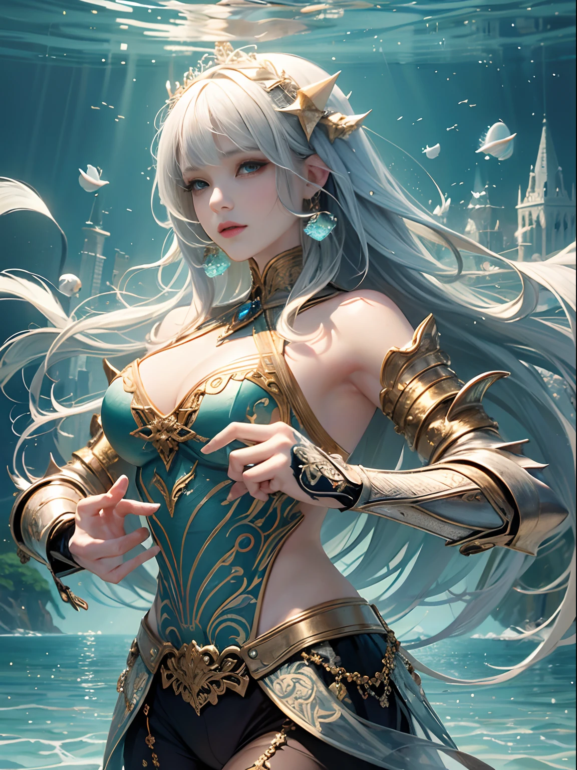 offcial art, Unity 8k壁纸, Ultra-detailed, Beautiful and aesthetically pleasing, tmasterpiece, best qualityer, (zentangle, datura, clew, meshing), (s fractal art: 1.3), 1 medieval armor,, (Hairstyles: long whitr hair) Ocean, Extremely detailed, dynamic angle, Cowboy shot, The most beautiful forms of chaos, elegant, Fauvistdesign, vivd colour, romanticism lain, Seafoam, Buble, shells, Fish, pearls,Holding a cute toy,Strong man,Vintage style,Well-developed muscles