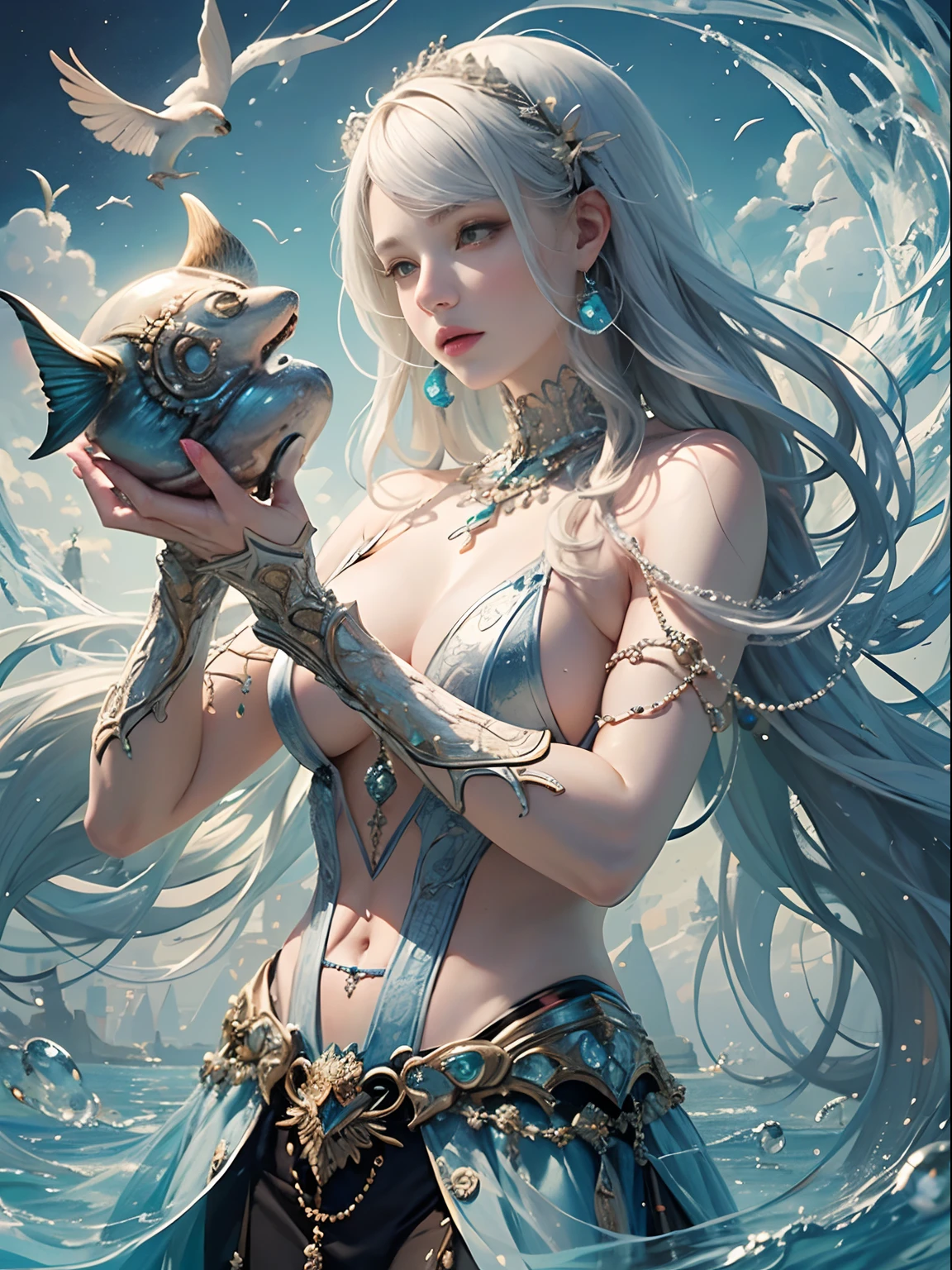 offcial art, Unity 8k壁纸, Ultra-detailed, Beautiful and aesthetically pleasing, tmasterpiece, best qualityer, (zentangle, datura, clew, meshing), (s fractal art: 1.3), 1 medieval armor,, (Hairstyles: long whitr hair) Ocean, Extremely detailed, dynamic angle, Cowboy shot, The most beautiful forms of chaos, elegant, Fauvistdesign, vivd colour, romanticism lain, Seafoam, Buble, shells, Fish, pearls,Holding a cute toy,Strong man,Vintage style,Well-developed muscles