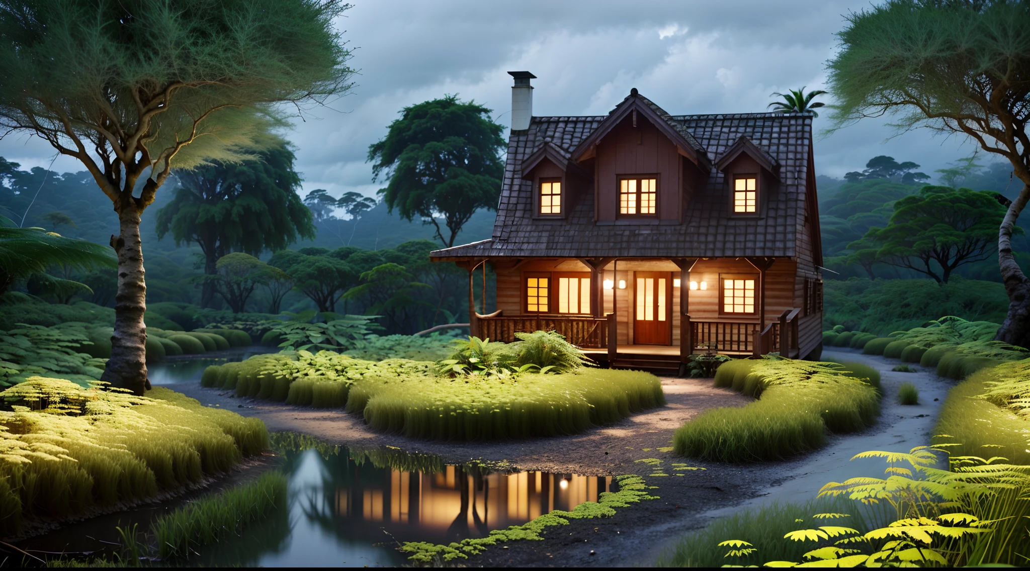 Sala de estar com vista para uma montanha e uma floresta, mountainous jungle setting, jungle setting, Como uma cena de Blade Runner, magical ambiance, pintura escura ultrarrealista, em um ambiente de selva, pleasant environment, floresta nublada, Selva bonita, ambiente mal-humorado, Selva exuberante, Inside an alien jungle, Plantas e selva, montanhas da floresta tropical, ambiente relaxante