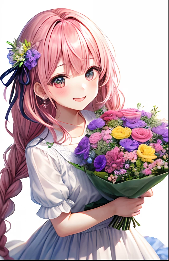 girl with、No background、without background、Background through、Pink hair、Pink hair、flower in hair、Flowers bloom in the hair、The long-haired、long、Braiding、Braiding、bow ribbon、frilld、white dres、White Dress、shortsleeves、summer clothing、Glitter、kirakira、Flower earrings、Flower piercing、Have flowers、flower bouquet、A smile、kawaii、ren