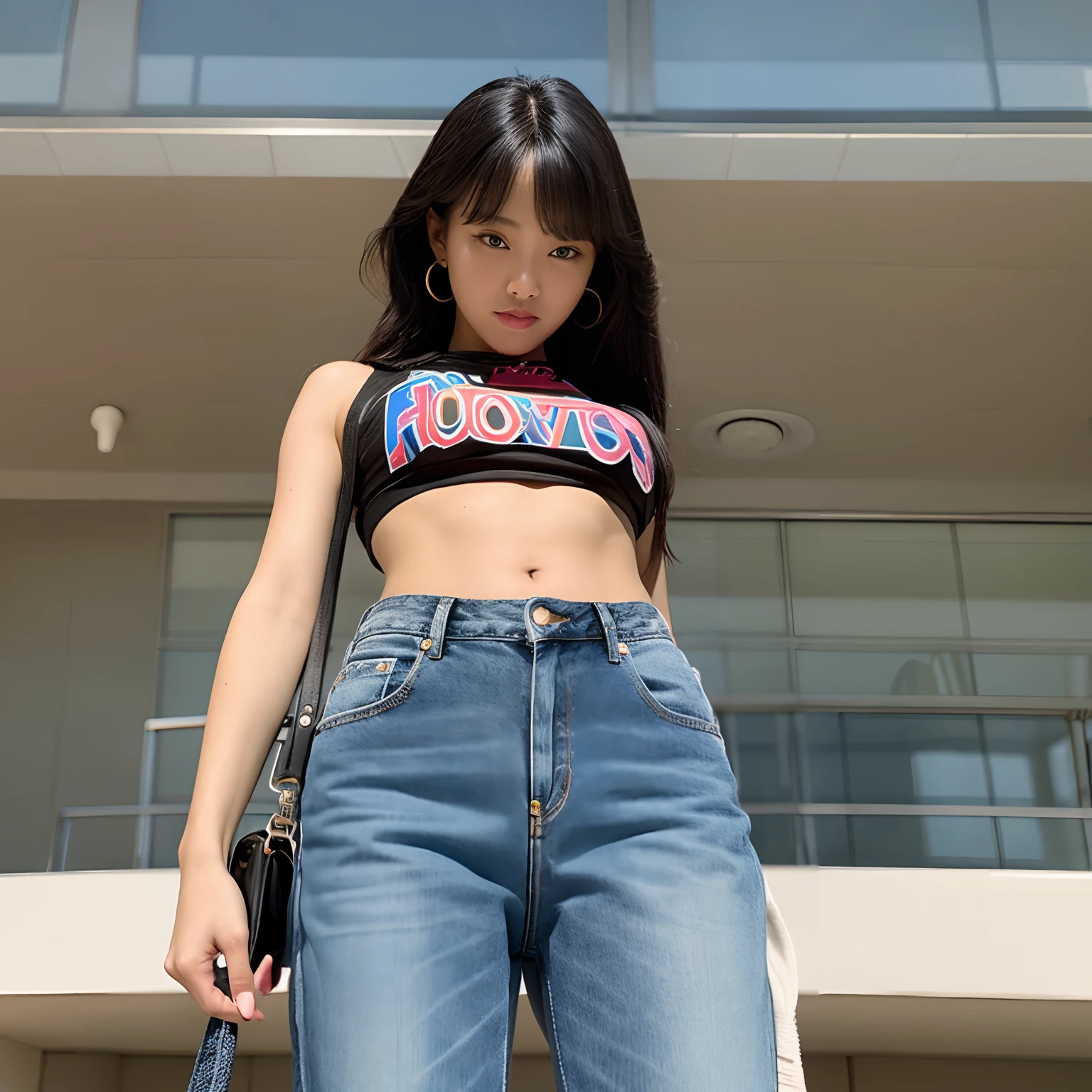 Hot girl with crop top and baggy jeans, from below, standing over you