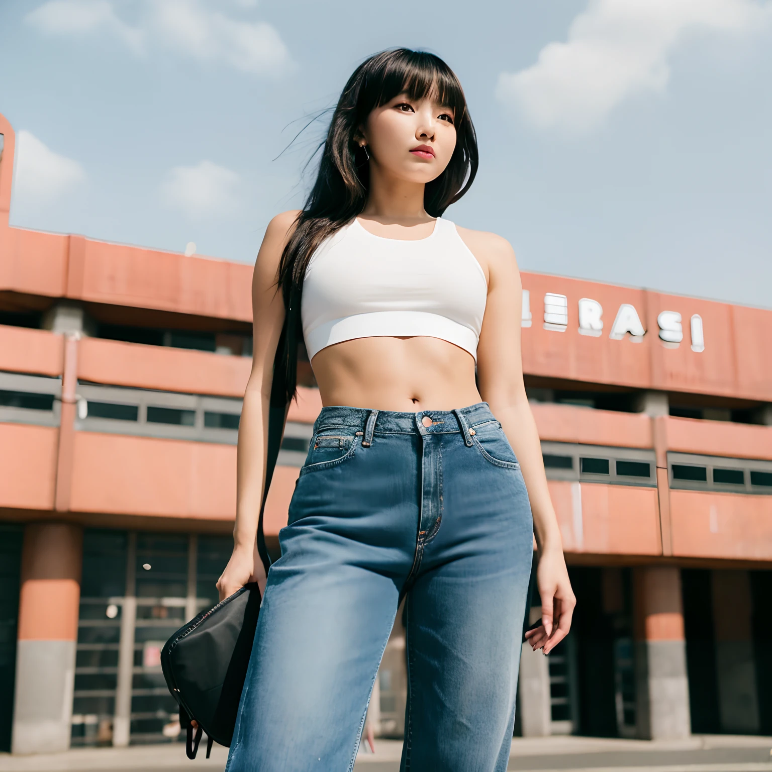 Hot girl with crop top and baggy jeans, from below, standing over you