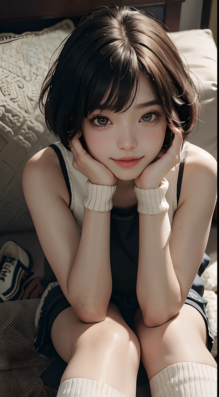 (Masterpiece),(Intricate details),1girll,Mature female,Bob cut,,Pale skin,Large breasts:1.49, Brown eyes,Smile and break school uniform,ribborn,pleats skirt,Thigh thick:0.5, plump:0.5,((baggy socks,Converse)), ((lying on the anywhere)),((Upper body,Portrait)),From below:1.2,Depth of field,view the viewer