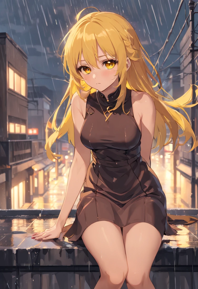 screaming in the rain,tears, long hair, bangs, (brown eyes:1.7), (yellow hair:1.5),[[[masive breasts]]],[[curvilinear body]],[[perfect body]],[[perfect face]],[[perfect eyes]], [[[milf body]]],blunt bangs, (two side up:1.5), red,BREAK thighhighs, dress, jewelry, collarbone, boots, detached sleeves, choker, black thighhighs, necklace, black footwear, black dress, sleeveless dress, mini skirt,garter straps, black choker, short dress, floral print, cross, red nails, cross necklace,[[complex Backround]],[[perfect composition]],[[perfect lines]],[[perfect lineart]],[[[roof background]]]],[[heavy rain]]],[[rain]],[[raindrops]],[[rain clouds]],[[dark clouds]],[[aesthetic]],[[puddles of water]],[[rain on the roof]],[[[Wet clothes]],[[wet hair]],[[water drops on the body]],[[sad look]],[[girl sitting on the roof]],[[girl sitting in the rain]],[[Film]],[[rain scene]],[[sad scene]],[[storm]],[[rain style]],[[Very detailed]],[[screaming in pain and anger]],sorrow,[[ambient light]],[[blue World]],[[dark storm]],depth of field,(very dark environment), (street), blue theme