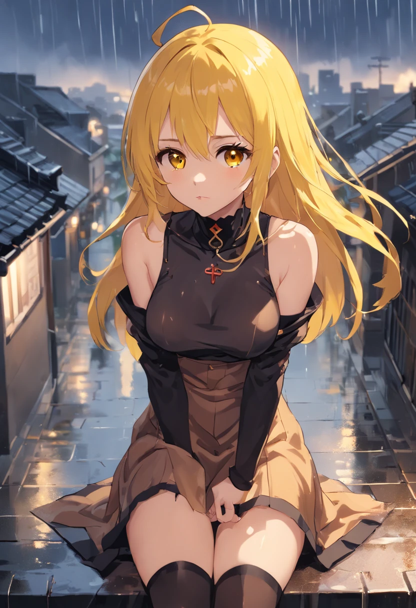 long hair, bangs, (brown eyes:1.7), (yellow hair:1.5),[[[masive breasts]]],[[curvilinear body]],[[perfect body]],[[perfect face]],[[perfect eyes]], [[[milf body]]],blunt bangs, (two side up:1.5), red,BREAK thighhighs, dress, jewelry, collarbone, boots, detached sleeves, choker, black thighhighs, necklace, black footwear, black dress, sleeveless dress, mini skirt,garter straps, black choker, short dress, floral print, cross, red nails, cross necklace,[[complex Backround]],rage,[[perfect composition]],[[perfect lines]],[[perfect lineart]],[[[roof background]]]],[[heavy rain]]],[[rain]],[[raindrops]],[[rain clouds]],[[dark clouds]],[[aesthetic]],[[puddles of water]],[[rain on the roof]],[[[Wet clothes]],[[wet hair]],[[water drops on the body]],[[sad look]],[[girl sitting on the roof]],[[girl sitting in the rain]],[[Film]],[[rain scene]],[[sad scene]],[[storm]],[[rain style]],[[Very detailed]],[[[[screaming in pain and anger]]]],sorrow,[[ambient light]],[[blue World]],[[dark storm]],depth of field,(very dark environment), (street), blue theme
