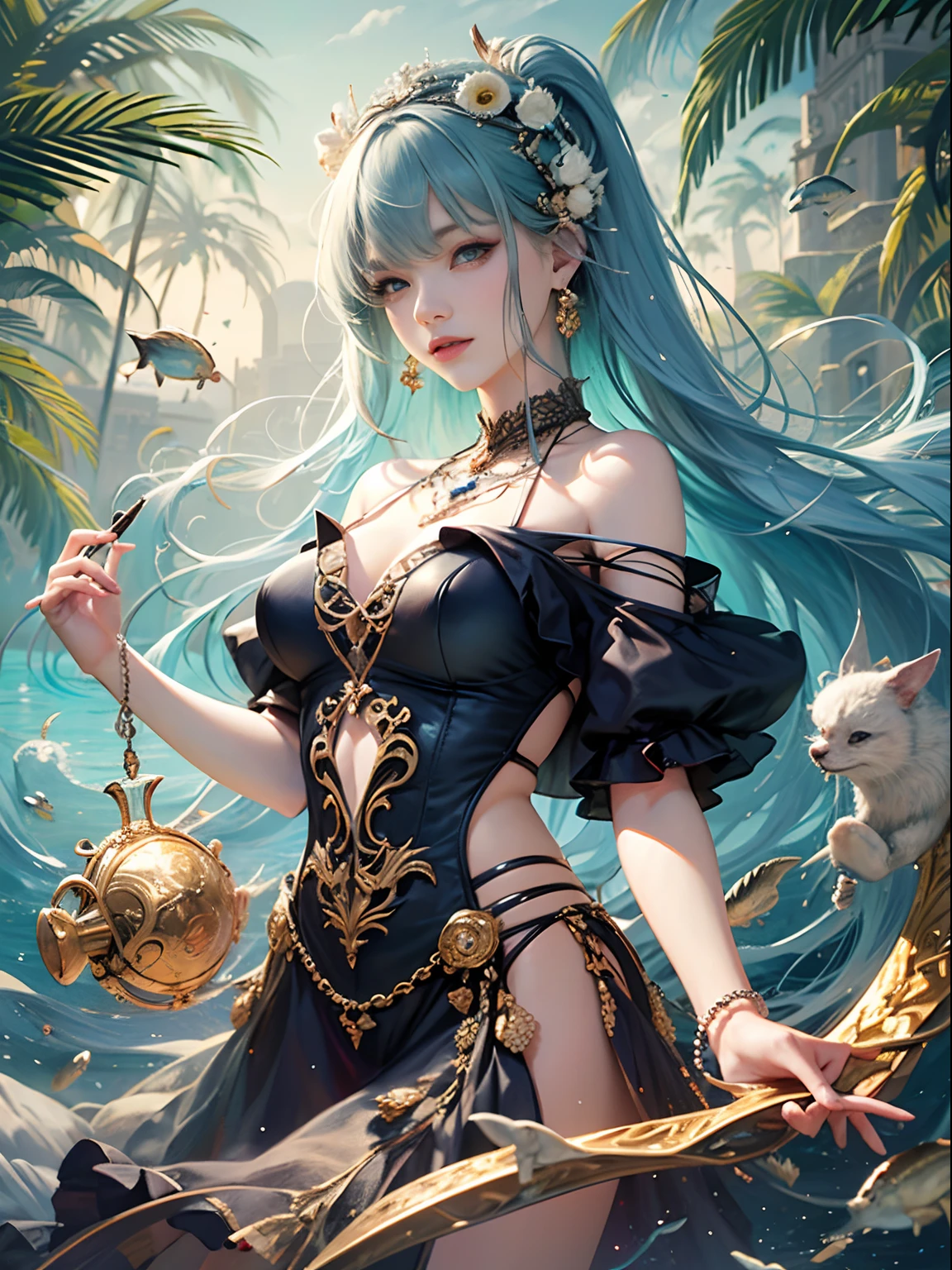 Fang Art, Unity 8k壁纸, Ultra-detailed, Beautiful and aesthetically pleasing, tmasterpiece, best qualityer, (zentangle, datura, clew, meshing), (s fractal art: 1.3), 1人,explorer,, (Hairstyles: long whitr hair) Ocean, Extremely detailed, dynamic angle, Cowboy shot, The most beautiful forms of chaos, elegant, Fauvistdesign, vivd colour, romanticism lain, Seafoam, Buble, shells, Fish, pearls,Hold a cute tool,jungles,Vintage style