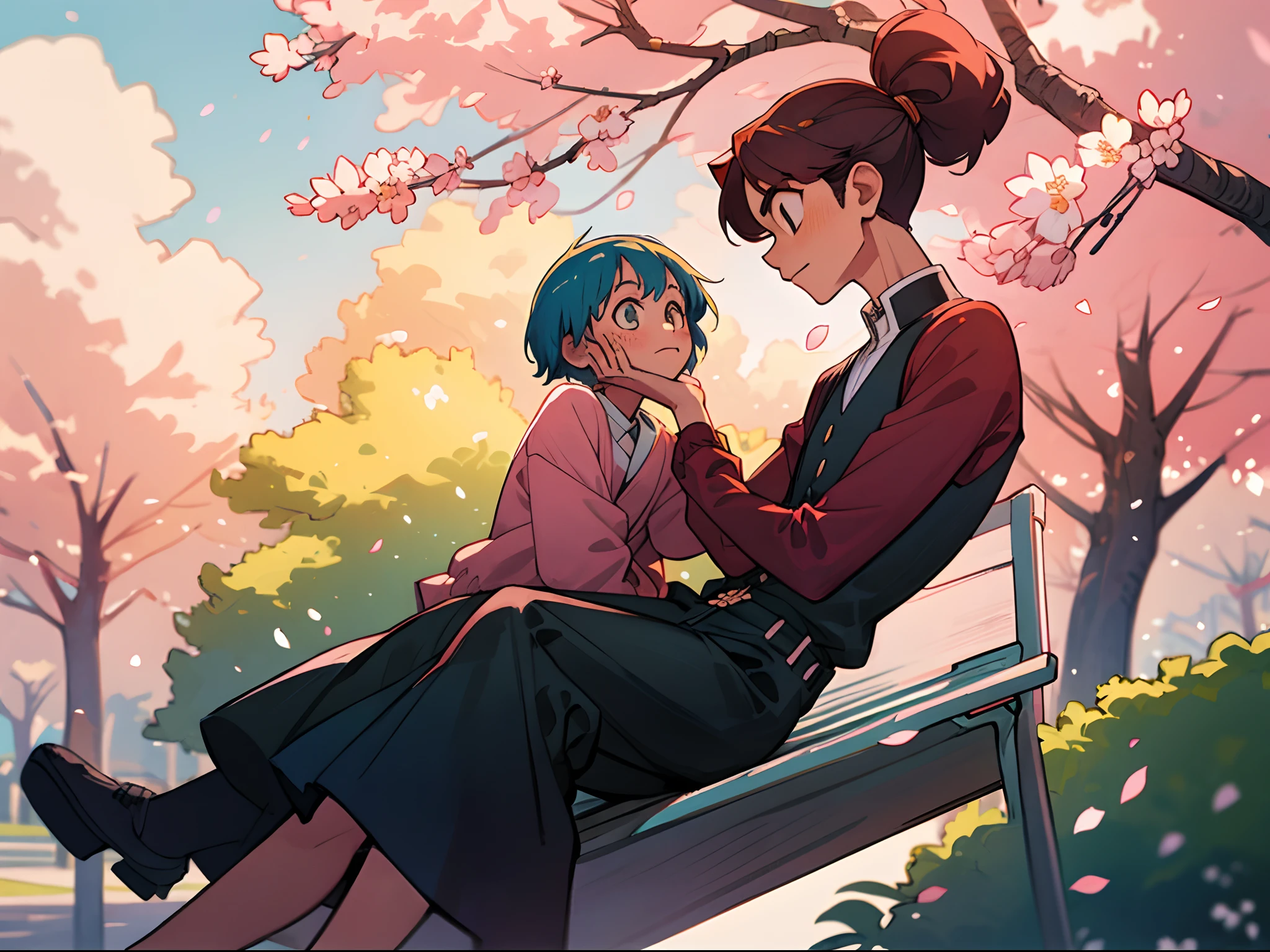 a couple, cherry blossoms, sitting in a park, 1boy and 1 girl, short boy, tall girl, shoujou manga