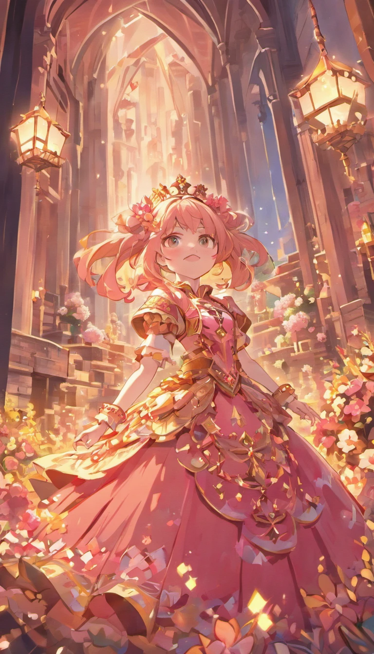 (ultra-detailed,best quality,4k),(realistic:1.37),(beautiful detailed eyes:1.1),(Minecraft),(princess style),(girl pink),(vivid colors),(soft lighting),(fairytale),(castle),(beautiful dress),(flowers),(sparkles),(royal),(crown),(long hair),(charming smile),(magical),(dreamy atmosphere)