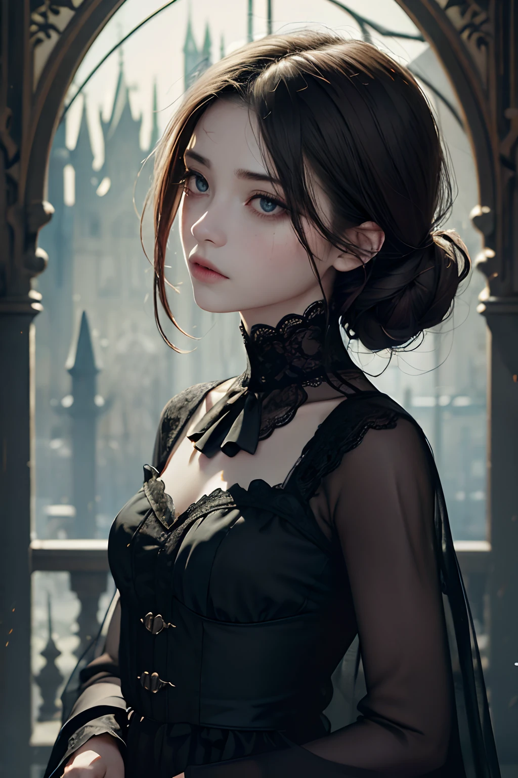 Official Art, Unity 8k wallpaper, super detailed, beautiful, beautiful, masterpiece, best quality, darkness, atmosphere, mystery, romanticism, creepy, literature, art, fashion, victorian, decoration, intricacies, ironwork, lace, contemplation, emotional depth, supernatural, 1 girl, solo, neck, mid body composition, (very pale skin:1.1), dark bags under her eyes, (bags under eyes:1.6)