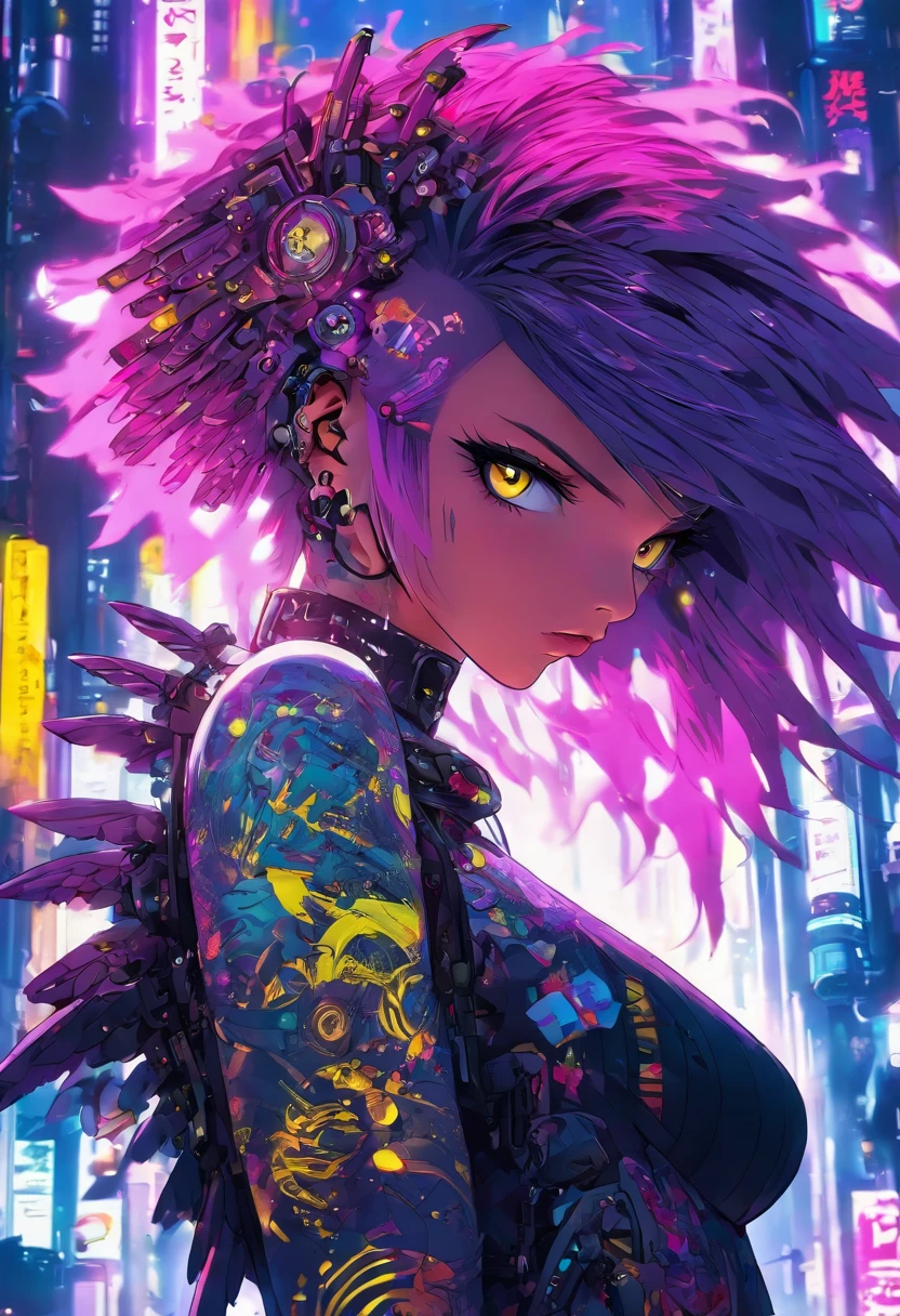 The most beautiful and sexy cyberpunk girl, purple hair, yellow eyes, wearing highly detailed futuristic shirt, futuristic mechanical angel wings, tons of tattoos and piercings, cherry blossoms blowing in the wind, highly detailed background, perfect masterpiece, high quality, high resolution ,big boobs