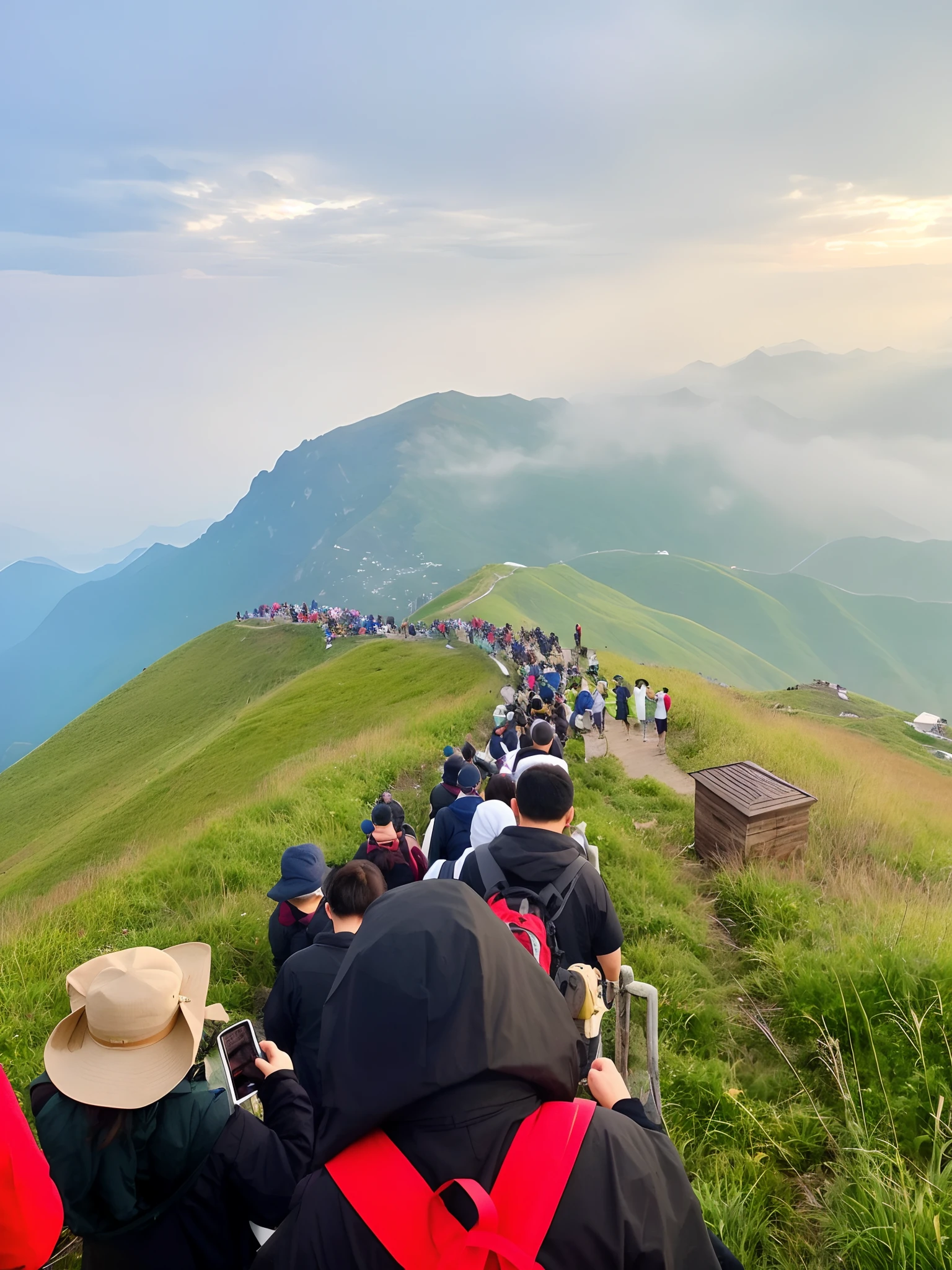 People walk up hills on cloudy days, time to climb the mountain path, 8 k''. filling most of the view, during sunrise, 8 k''. filling of the view, crowded and populated, thousands of tiny onlookers, never before seen, Many people, reddit post, At dusk!, author：Shen Zhecai, peak experience ”