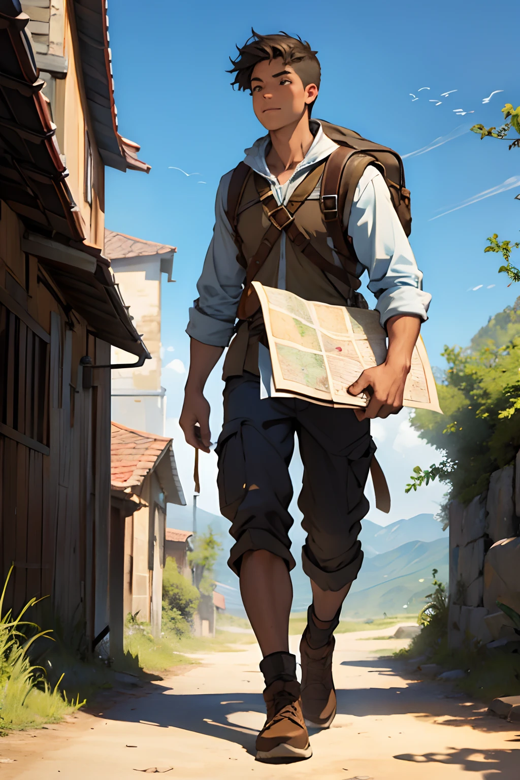 An adventurer holding a map in his hands walking towards the sun